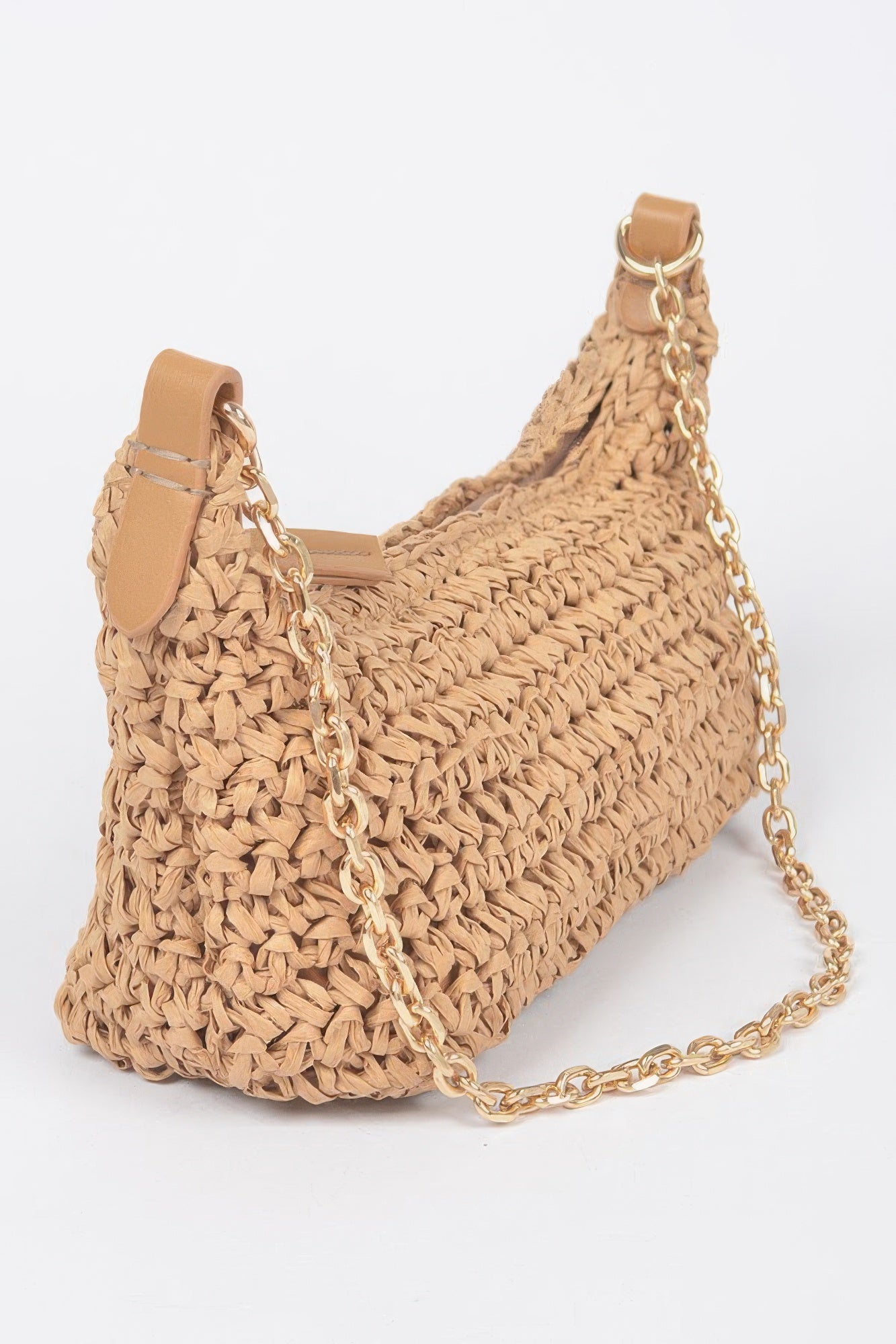 Khaki faux straw zip chain shoulder clutch with gold chain strap and clasp tab
