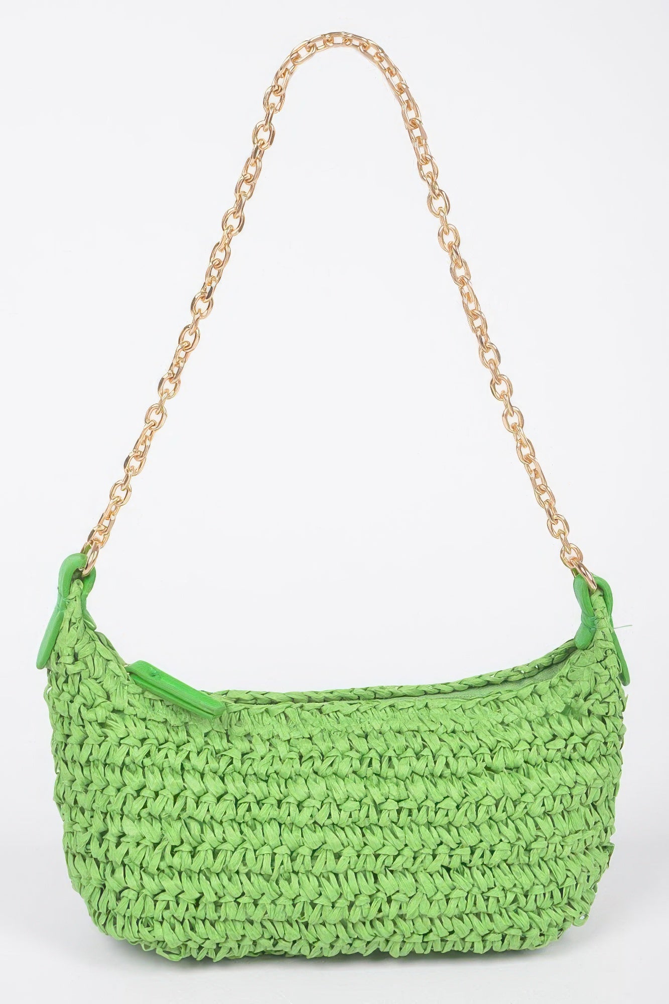 Green faux straw zip clutch with gold chain shoulder strap