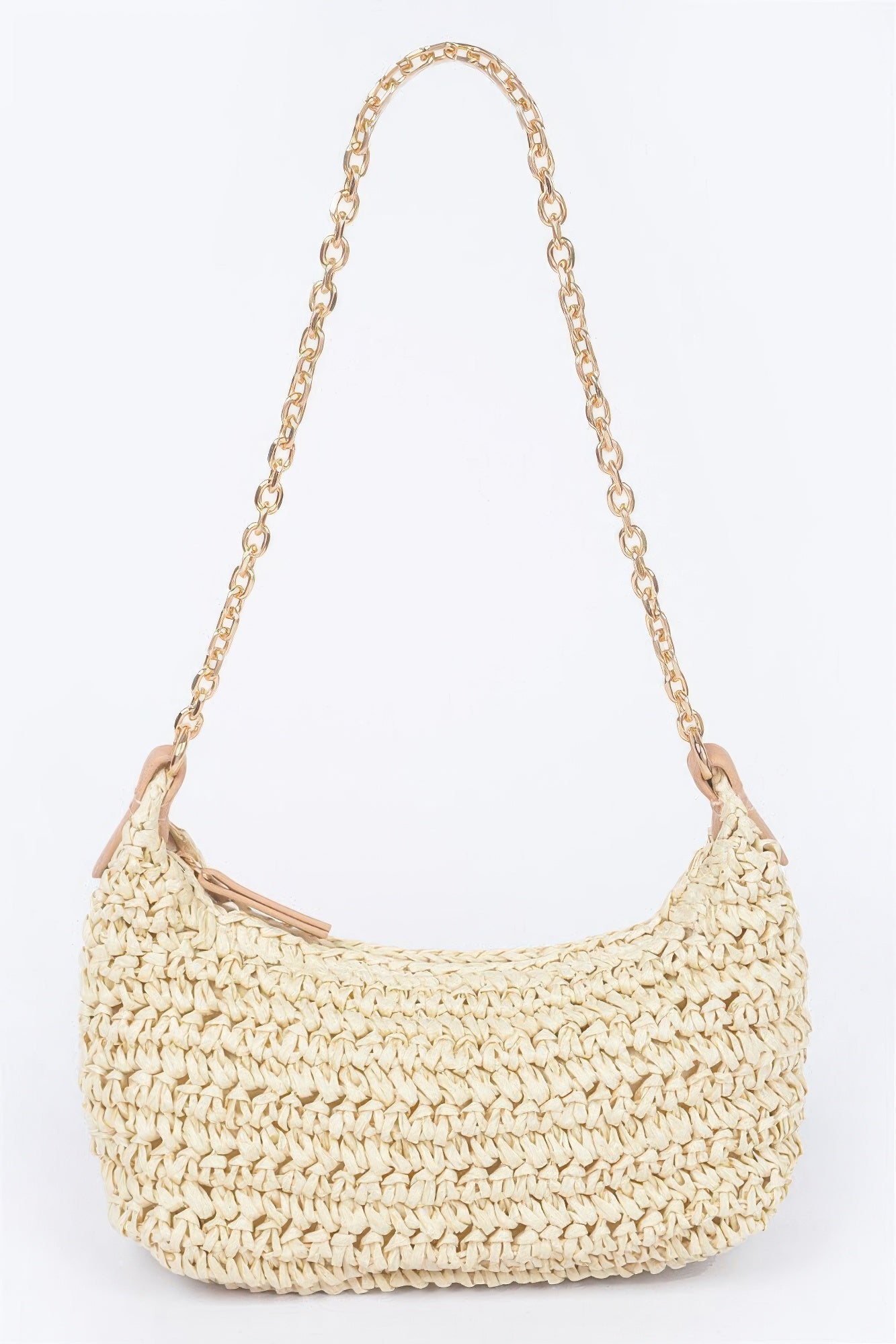 Ivory faux straw zip clutch with gold chain shoulder strap