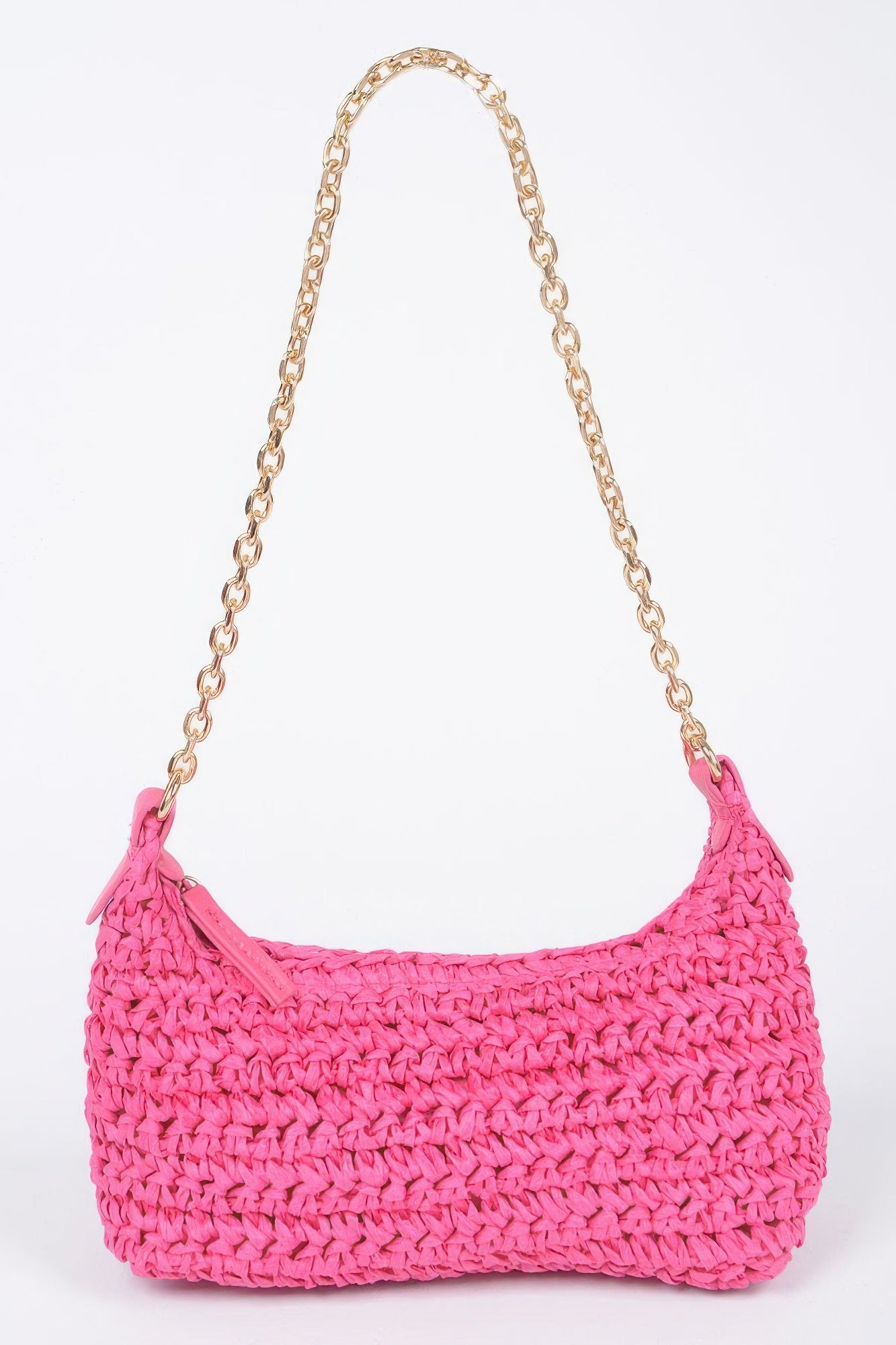 Fuchsia faux straw zip clutch with gold chain shoulder strap