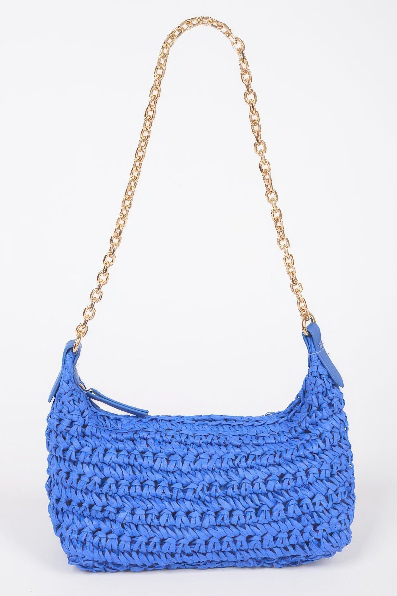Cobalt blue faux straw zip clutch with gold chain shoulder strap