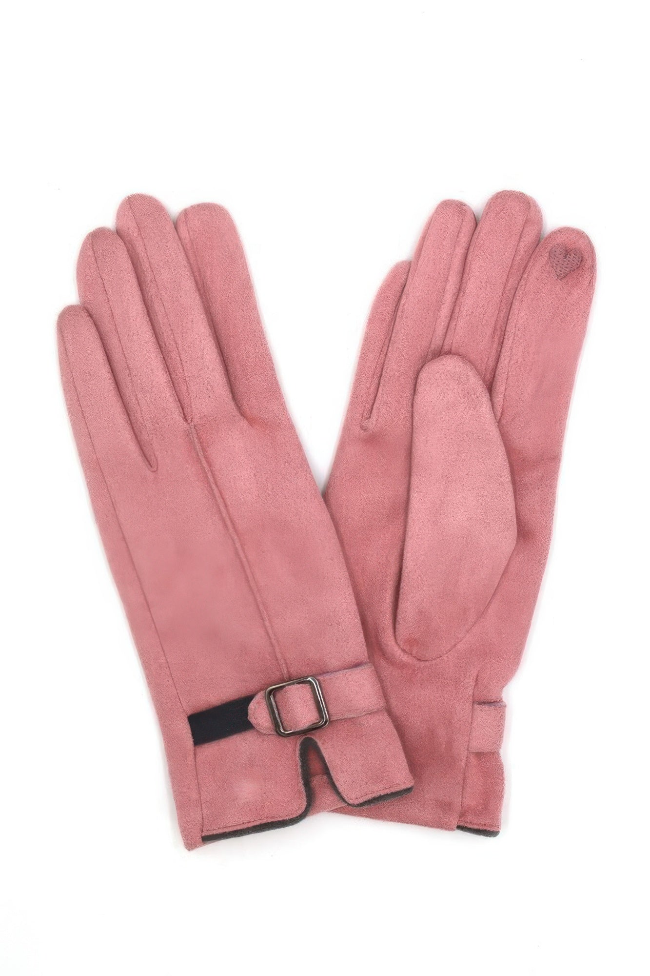 Faux suede band smart touch gloves, pink, adjustable strap and textured touch panel