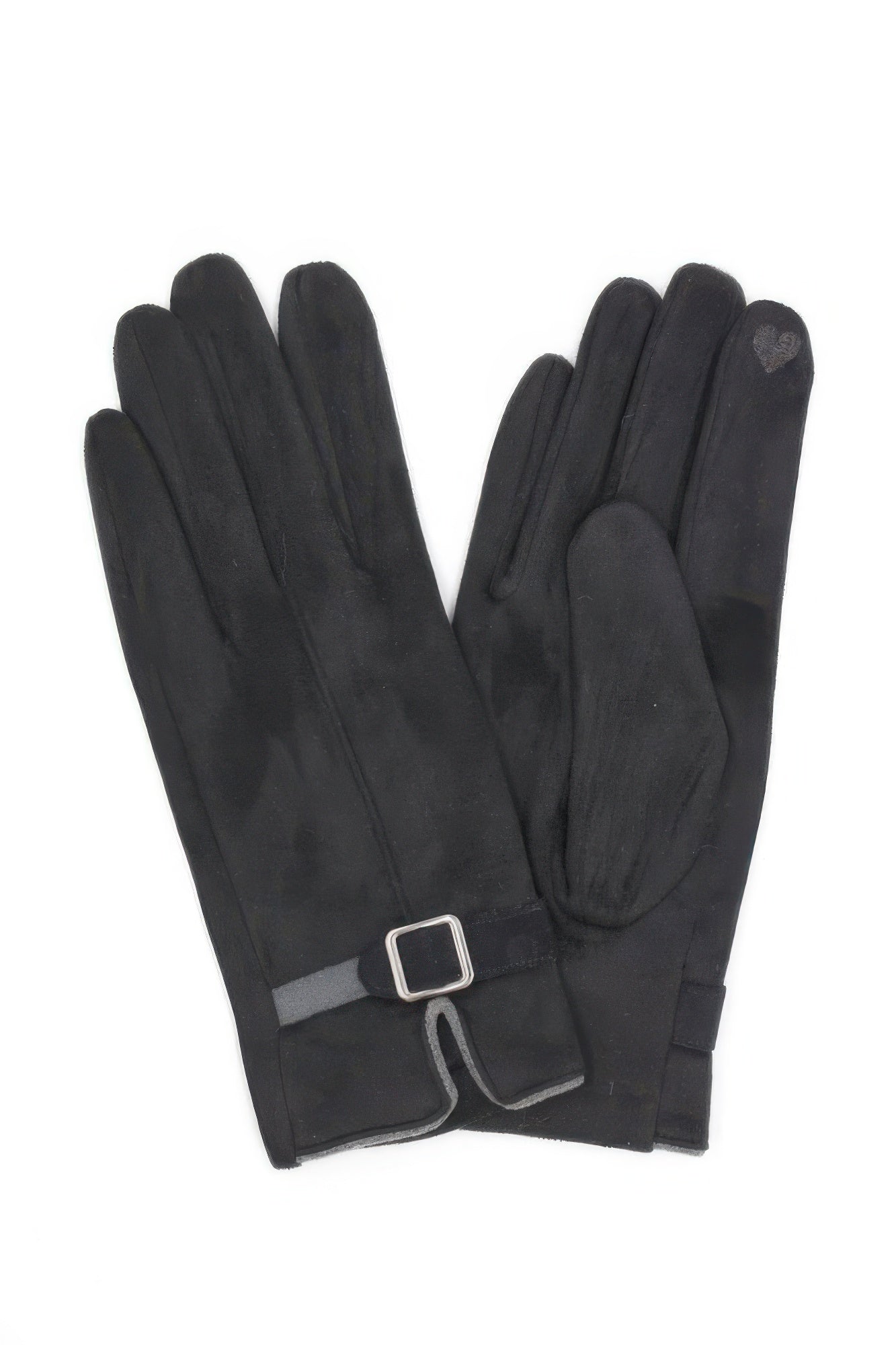 Faux suede band smart touch gloves, black, adjustable strap and textured touch panel