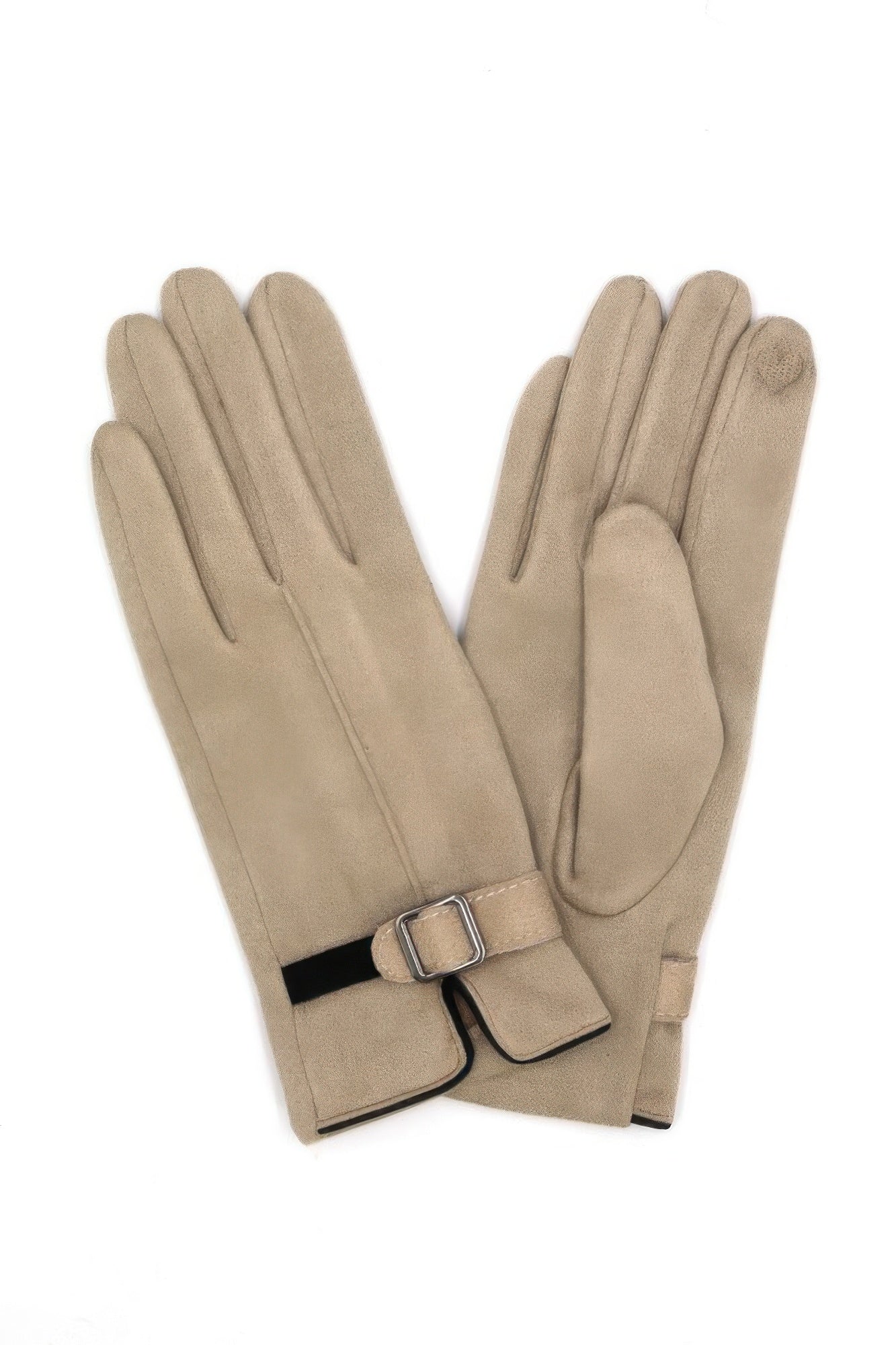 Faux suede band smart touch gloves, taupe, adjustable strap and textured touch panel