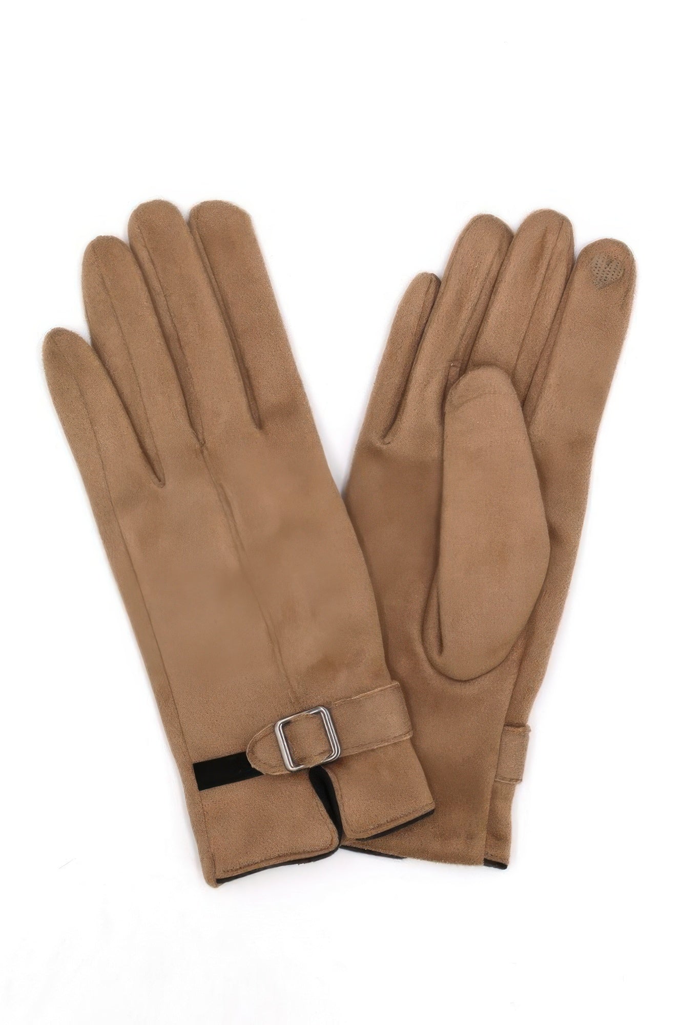 Faux suede band smart touch gloves, brown, adjustable strap and textured touch panel