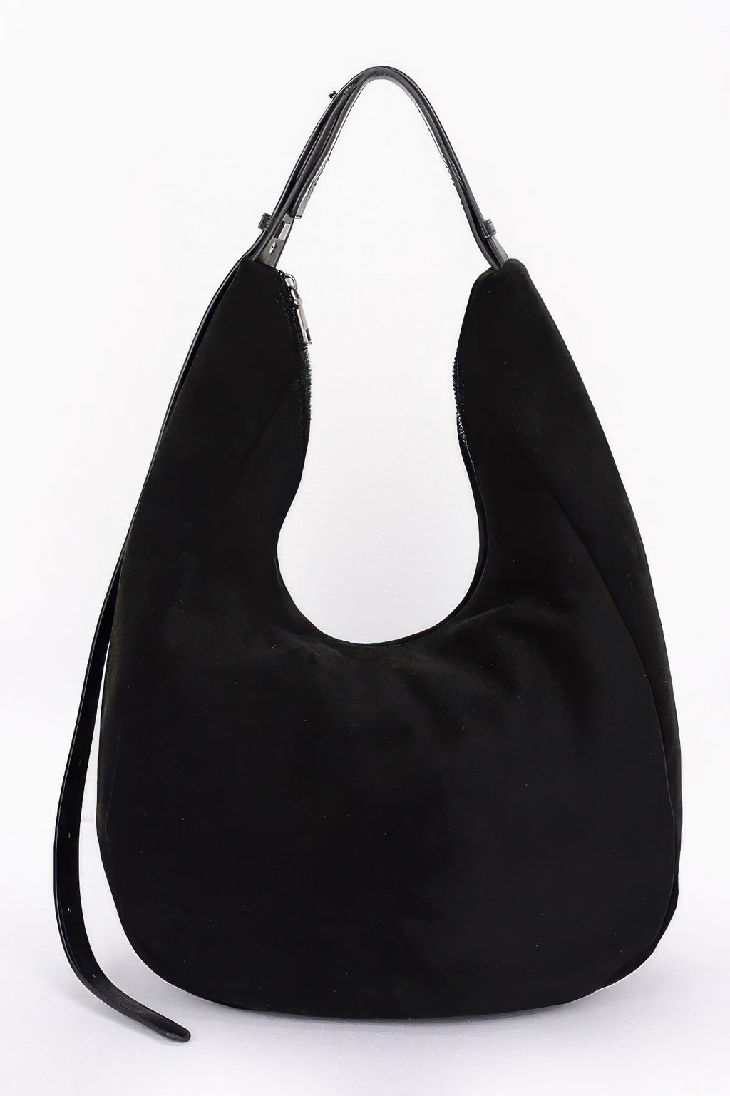 Black faux suede bindle bag, U-shaped opening, top handles with strap