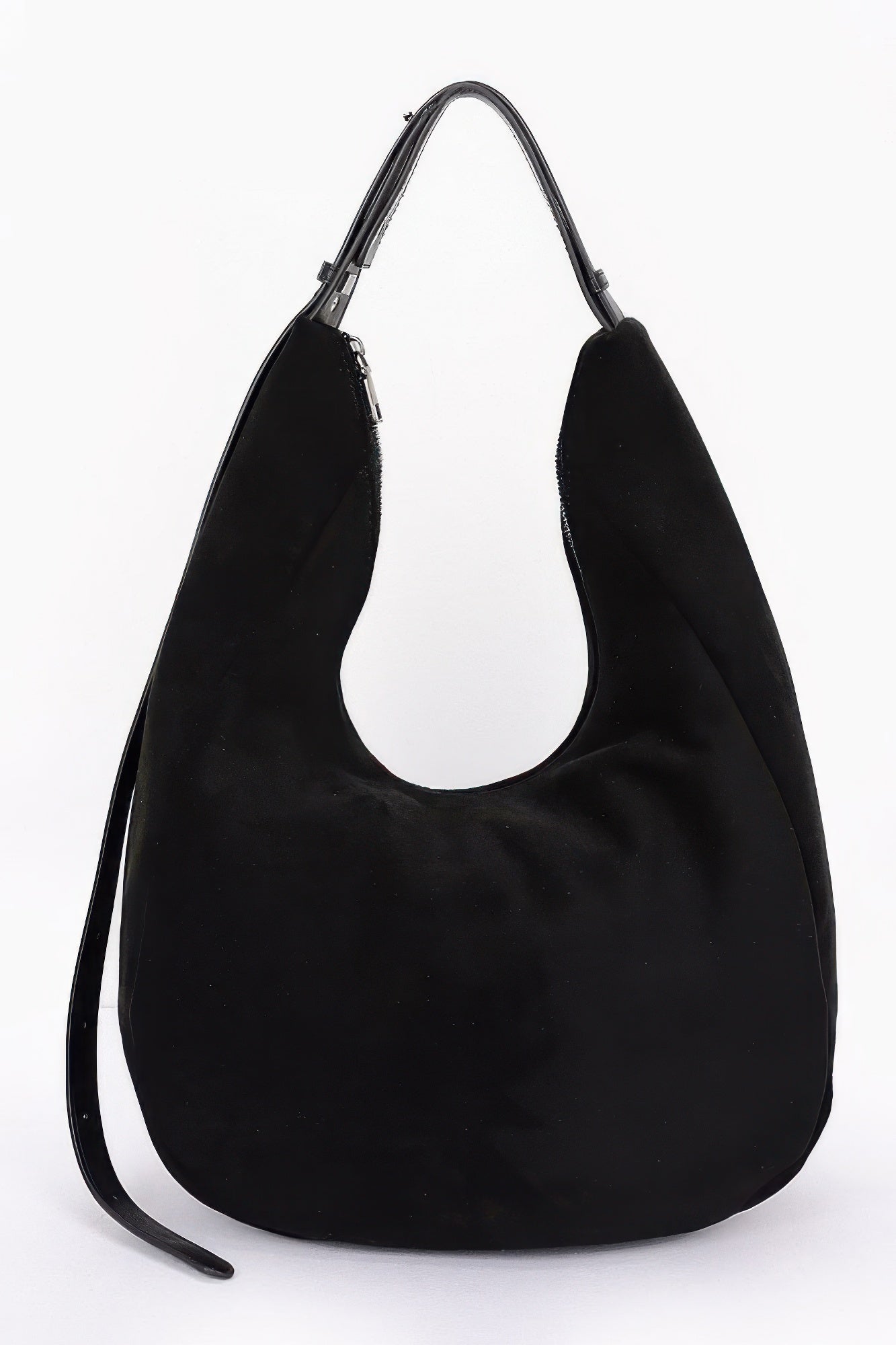 Black faux suede bindle bag, U-shaped opening, top handles with strap
