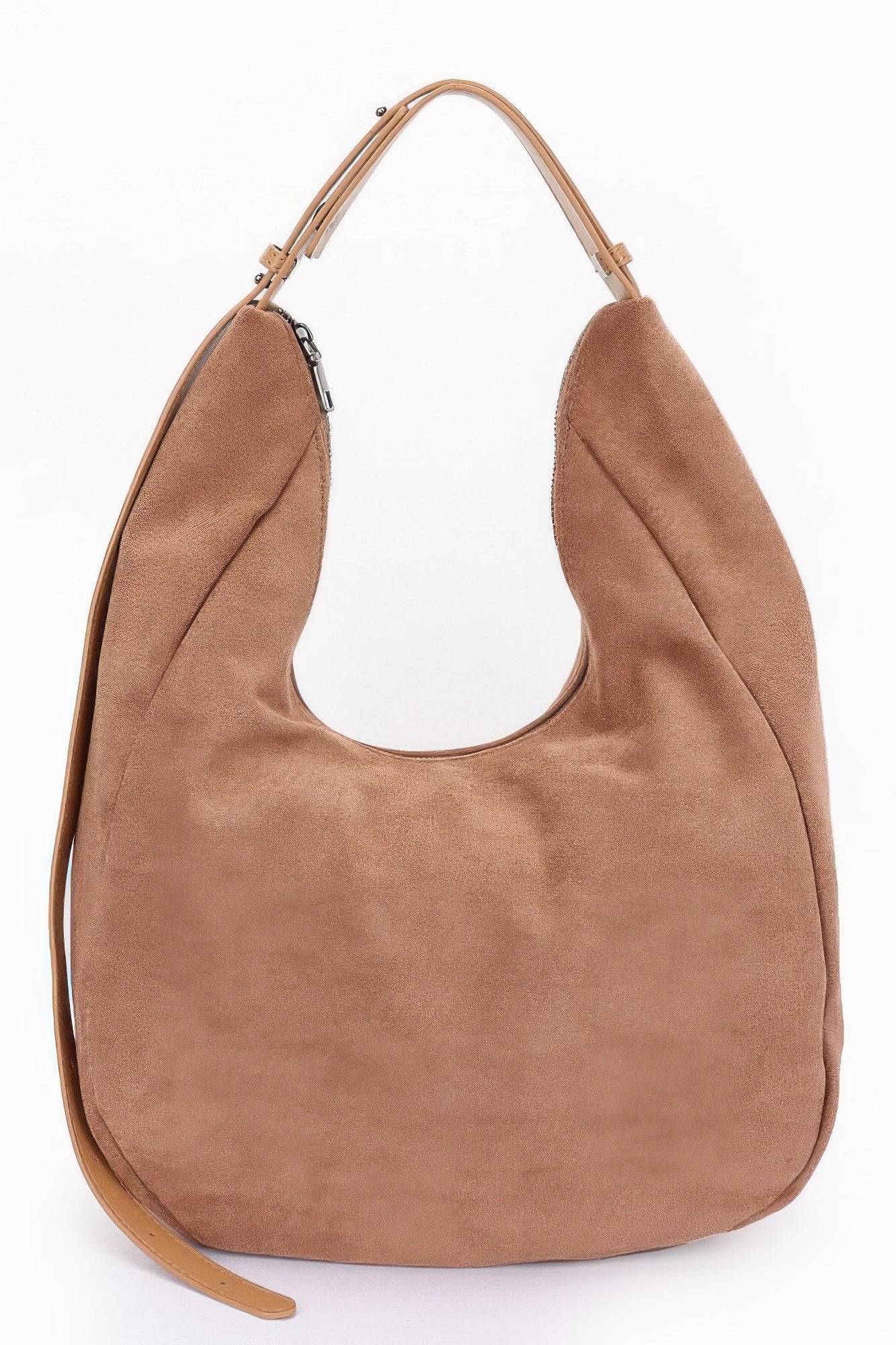 Camel faux suede bindle bag with curved silhouette and adjustable top strap