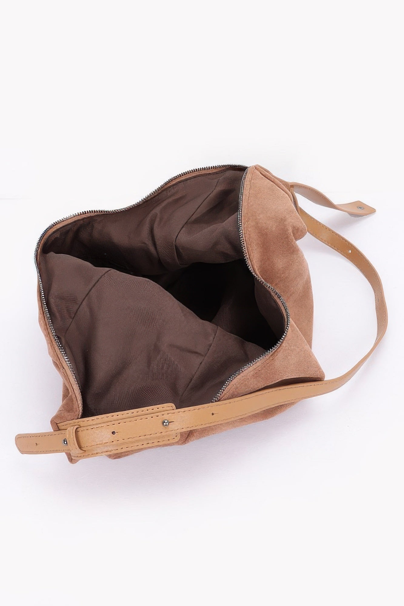 Camel faux suede bindle bag interior view with zipper top and fabric lining