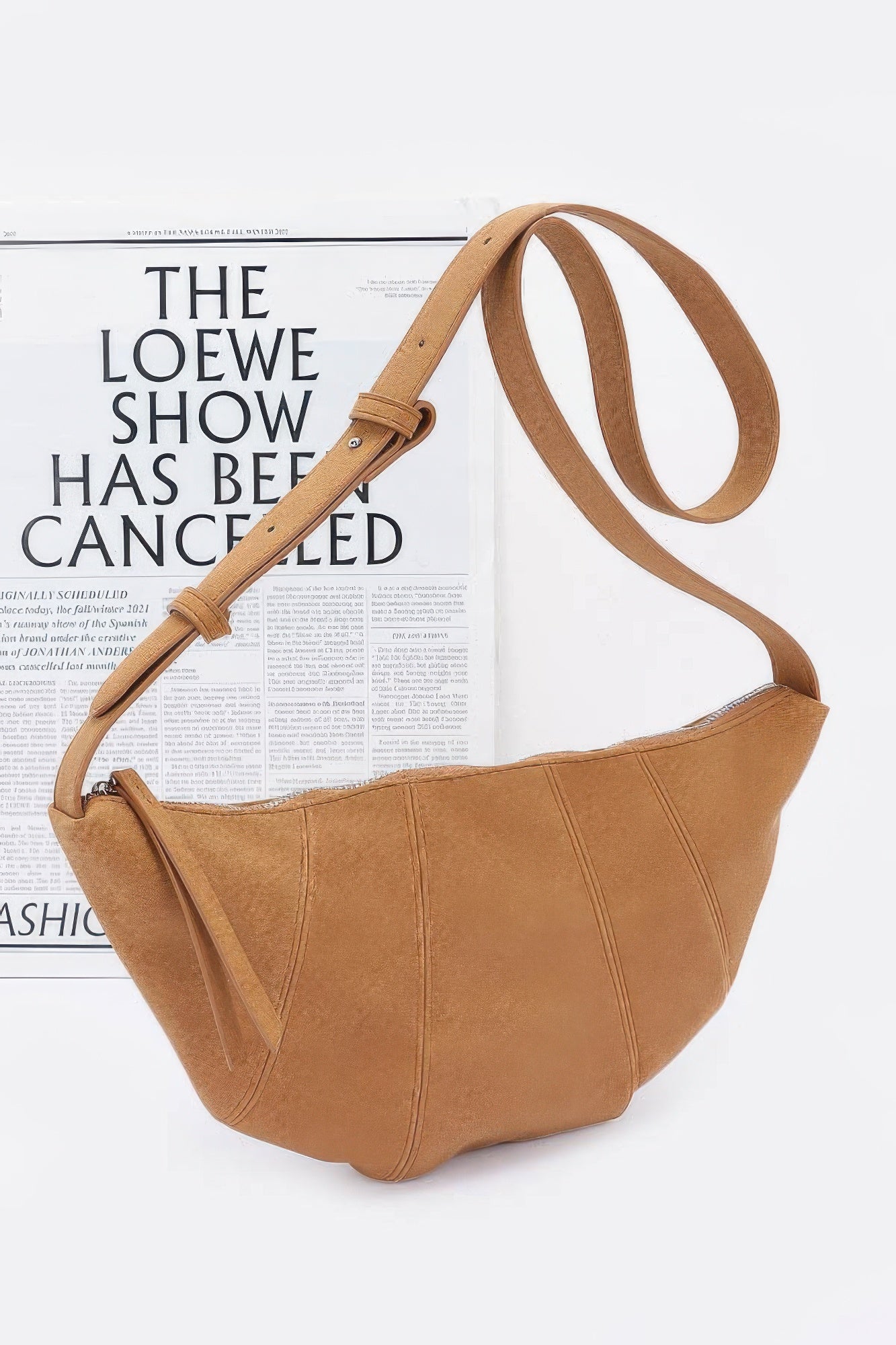 Faux Suede Croissant Bag in Camel with long shoulder strap