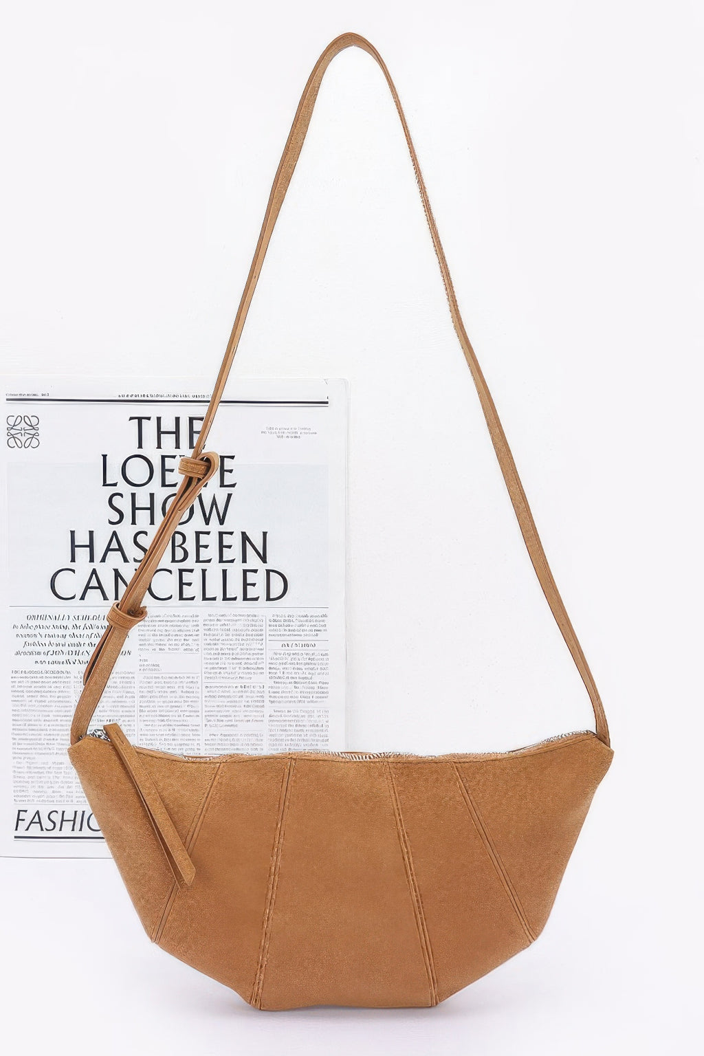 Faux Suede Croissant Bag in Camel, rounded crescent shape, shoulder carry