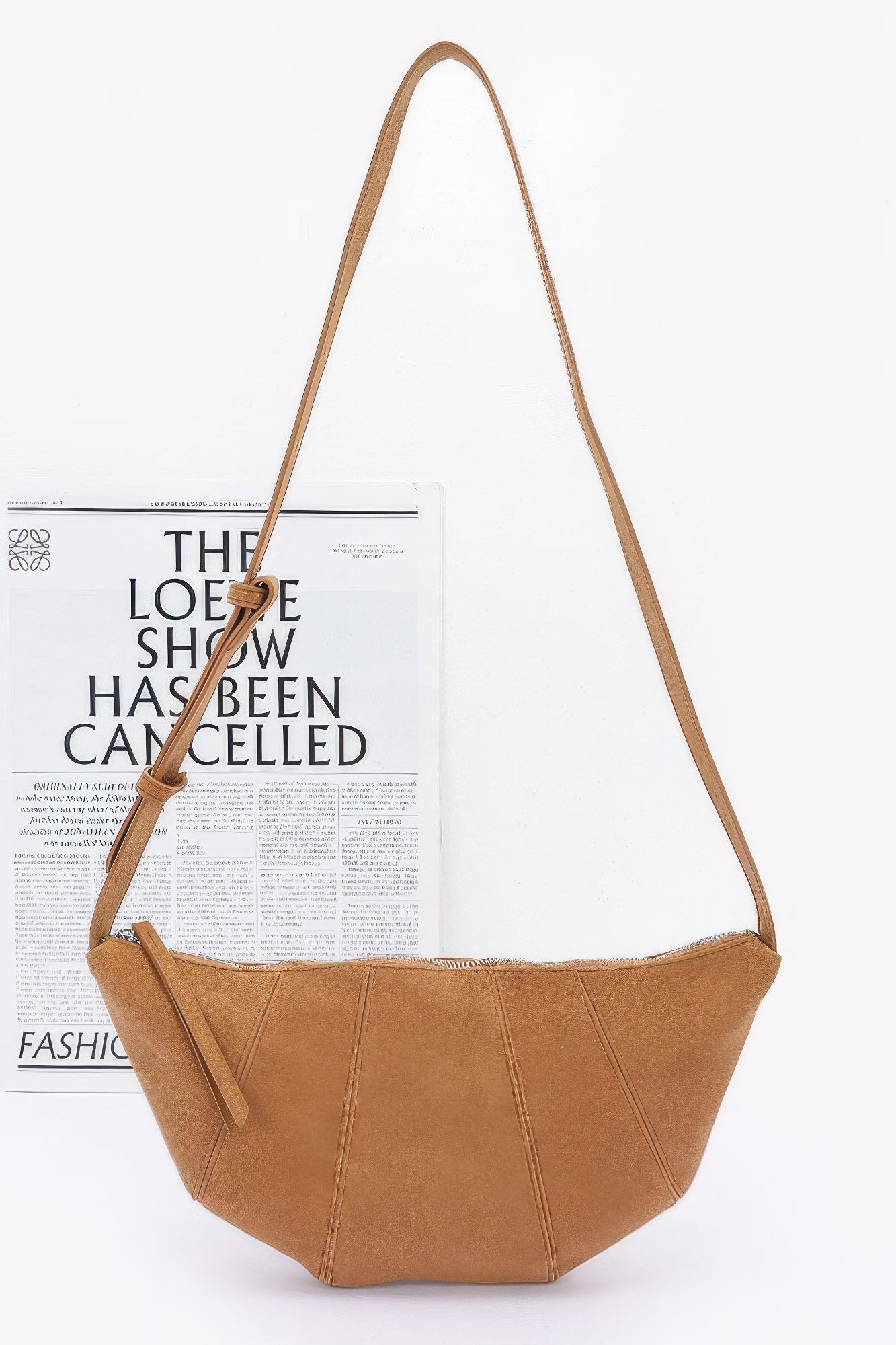 Faux Suede Croissant Bag in Camel, rounded crescent shape, shoulder carry