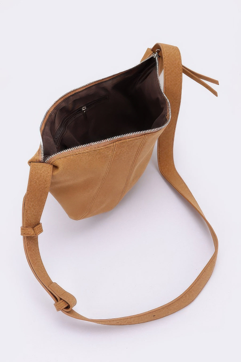 Camel faux suede croissant bag with zip-top opening and adjustable shoulder strap