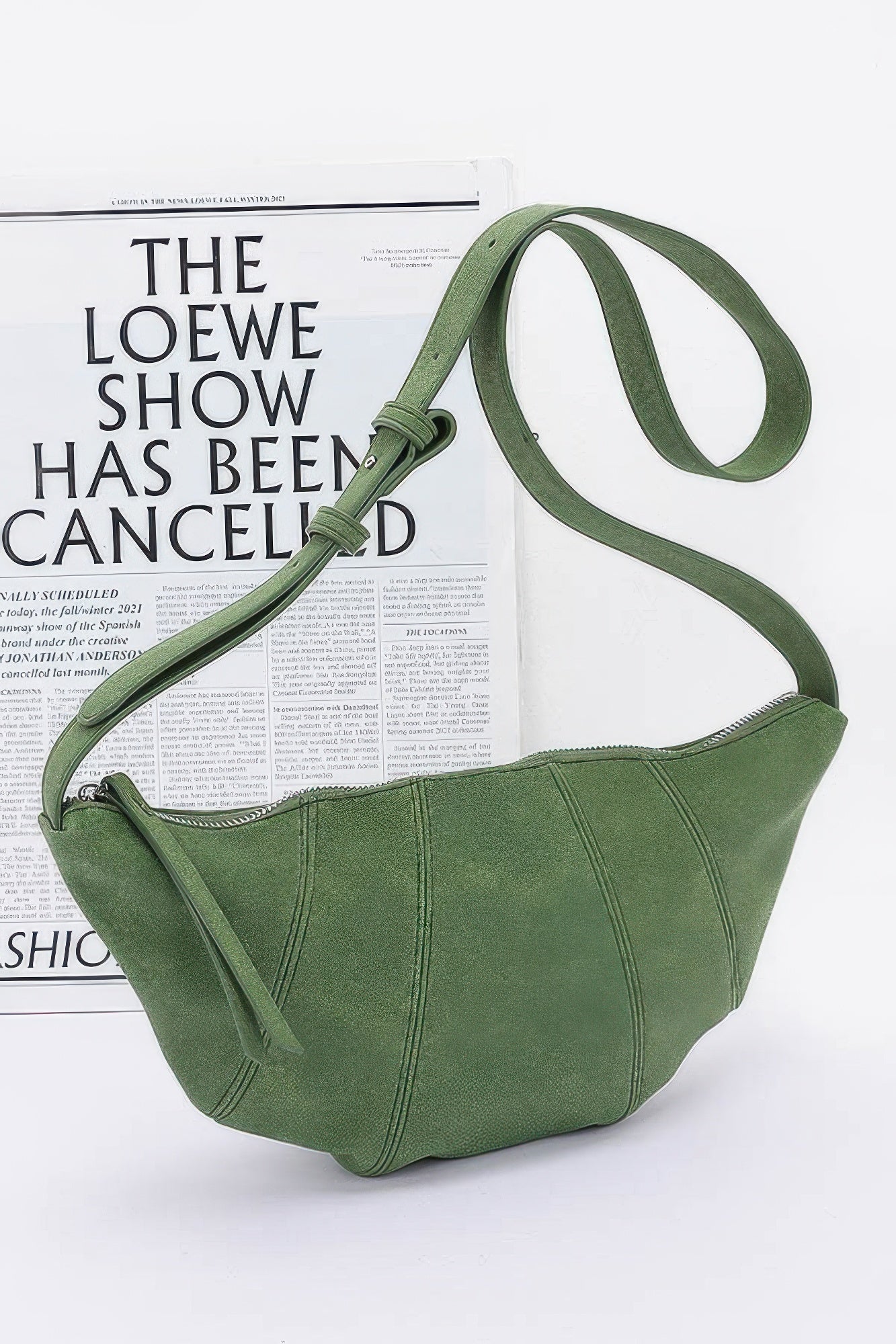 Faux Suede Croissant Bag in Green with long shoulder strap and curved body