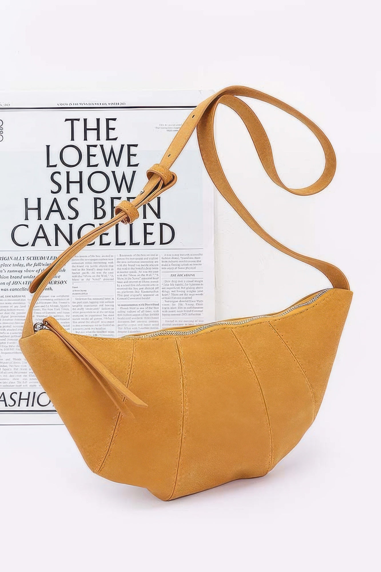 Faux Suede Croissant Bag in Mustard with long shoulder handle and zip opening