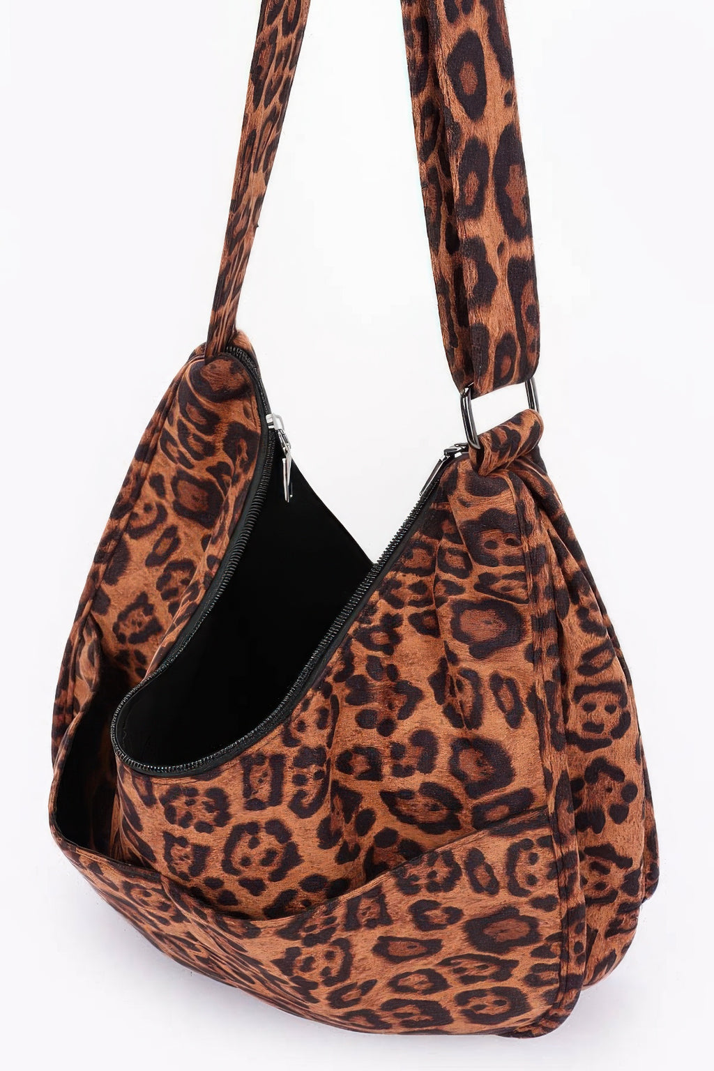 Leopard faux suede crossbody bag with two zip pockets and black inner lining