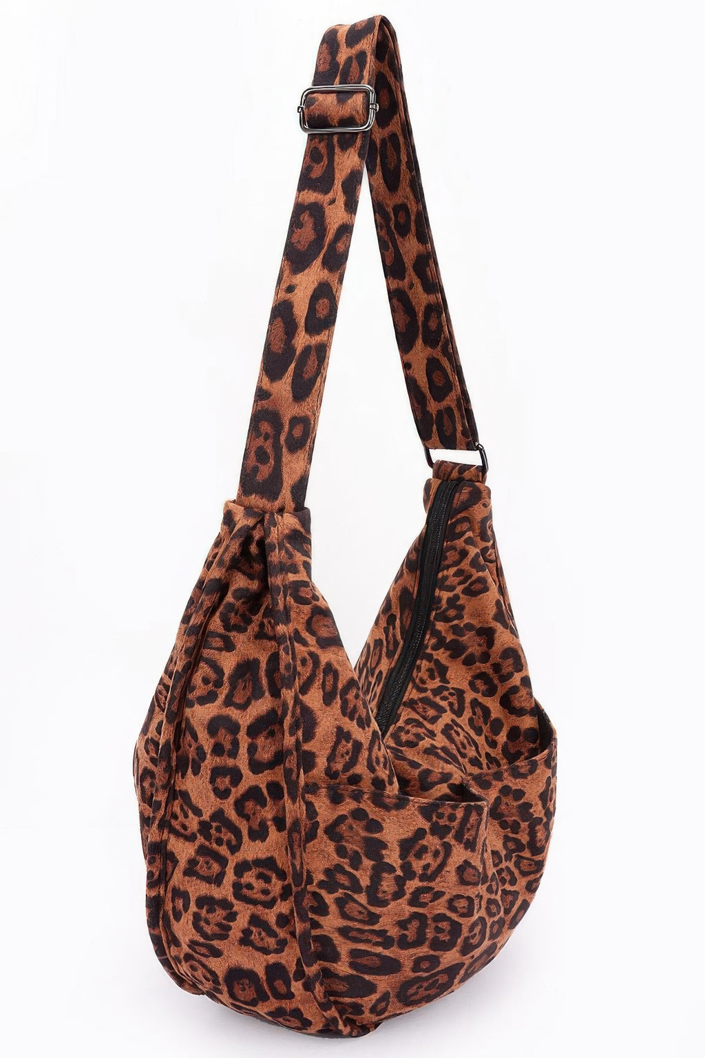 Leopard faux suede crossbody bag with adjustable strap and stitched bottom panel
