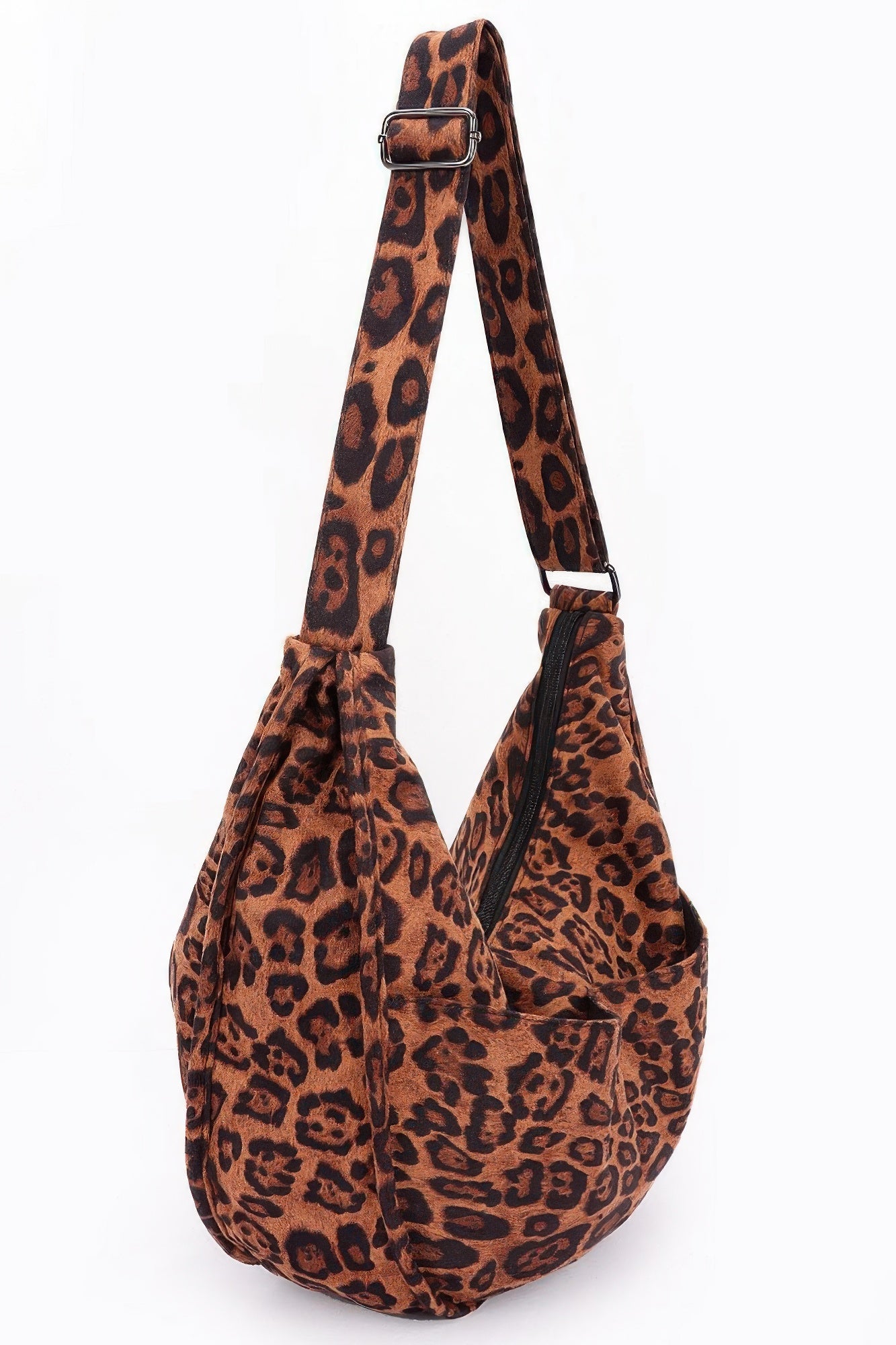 Leopard faux suede crossbody bag with adjustable strap and stitched bottom panel
