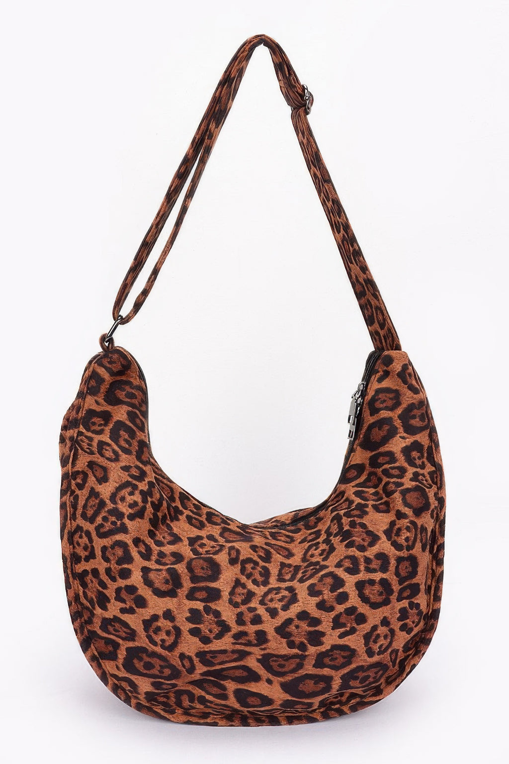 Leopard faux suede crossbody bag, crescent front with black trim and adjustable strap