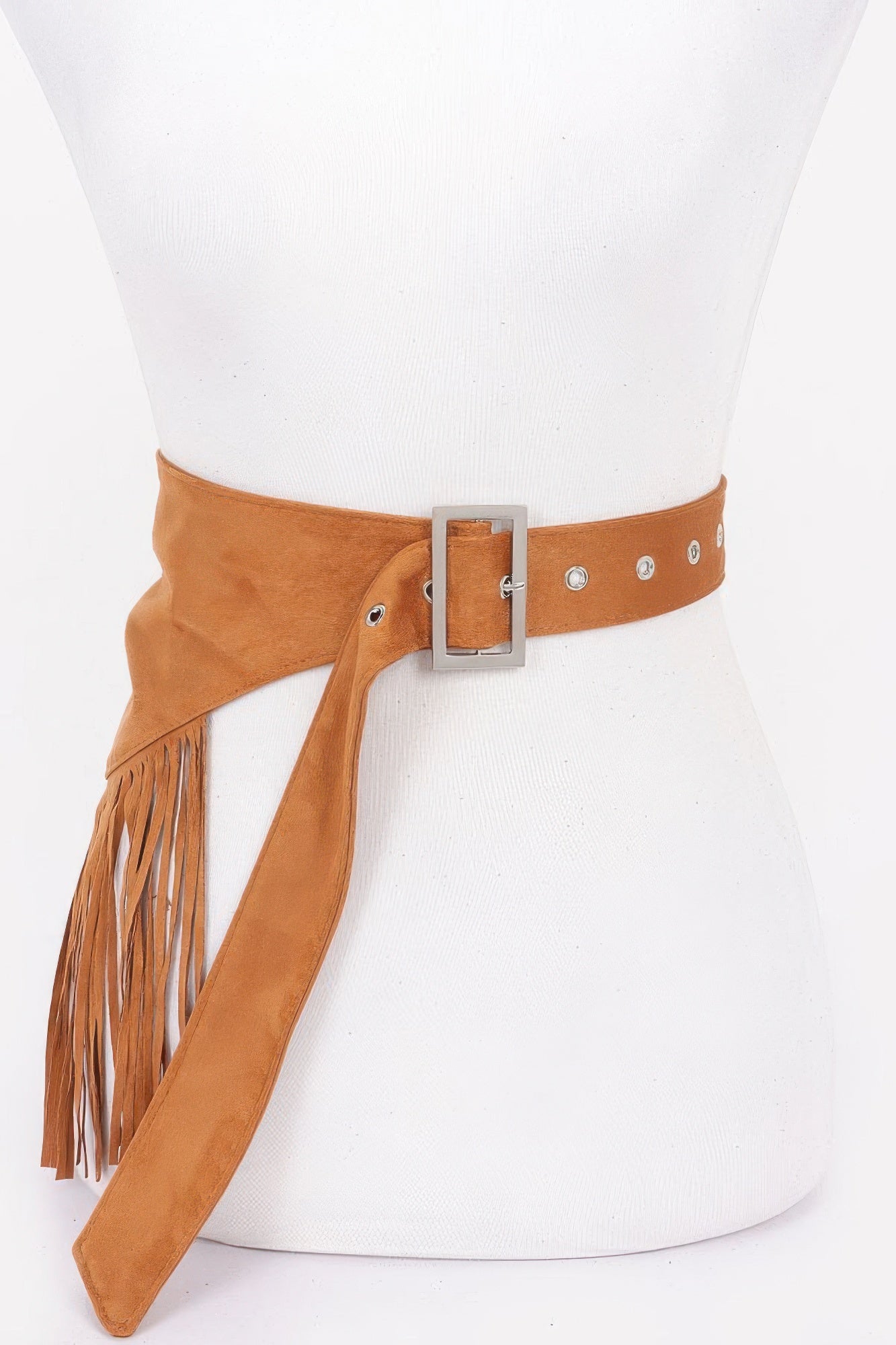 Faux suede fringe belt in camel with wide buckle and dangling tassels