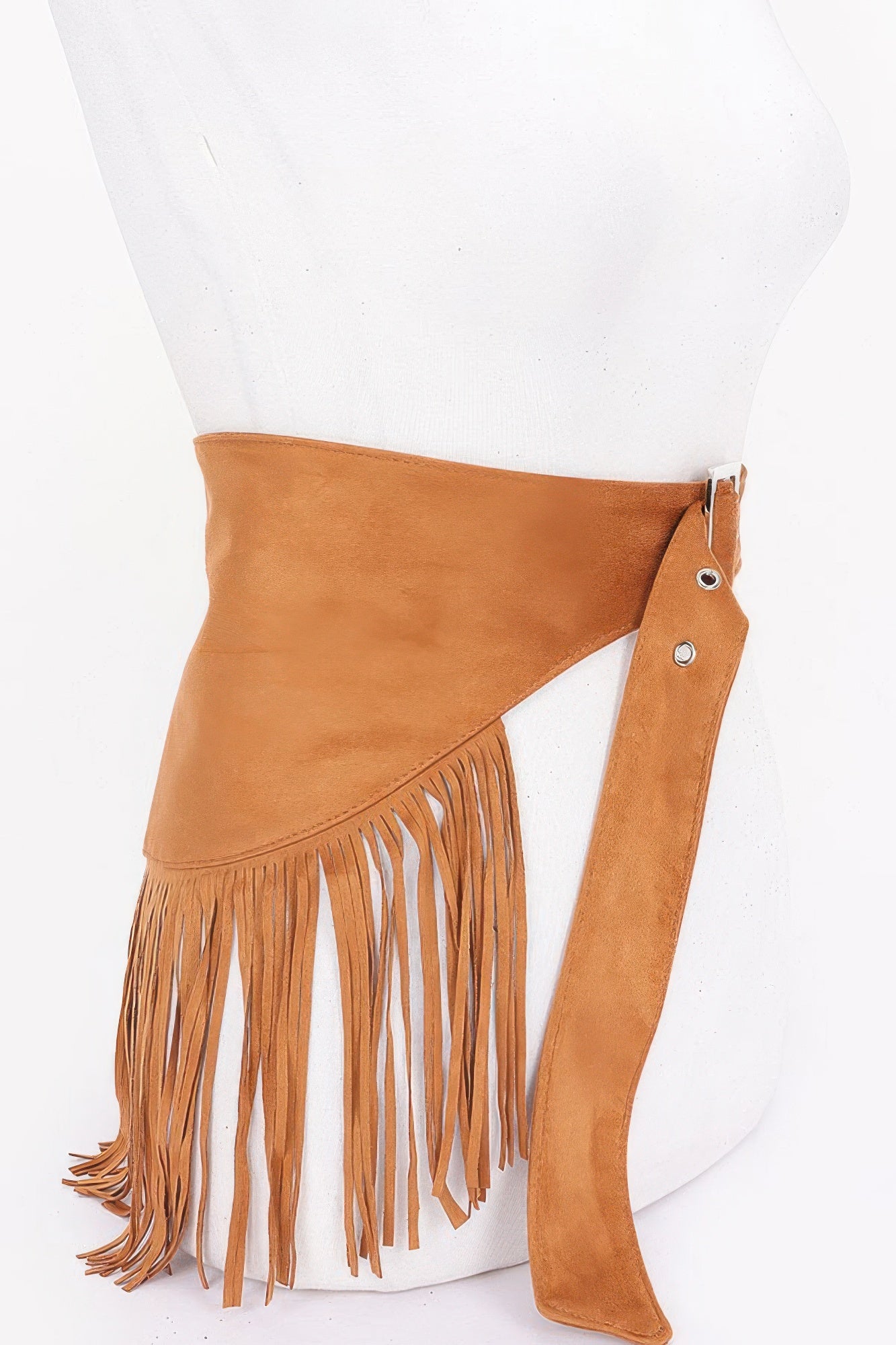 Camel faux suede fringe waist belt with diagonal panel and silver grommets