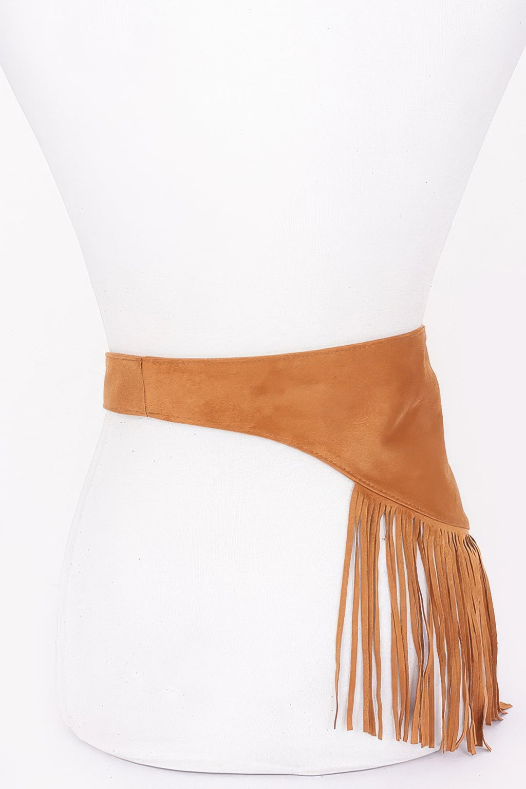 Camel faux suede belt with long fringe trim on one side