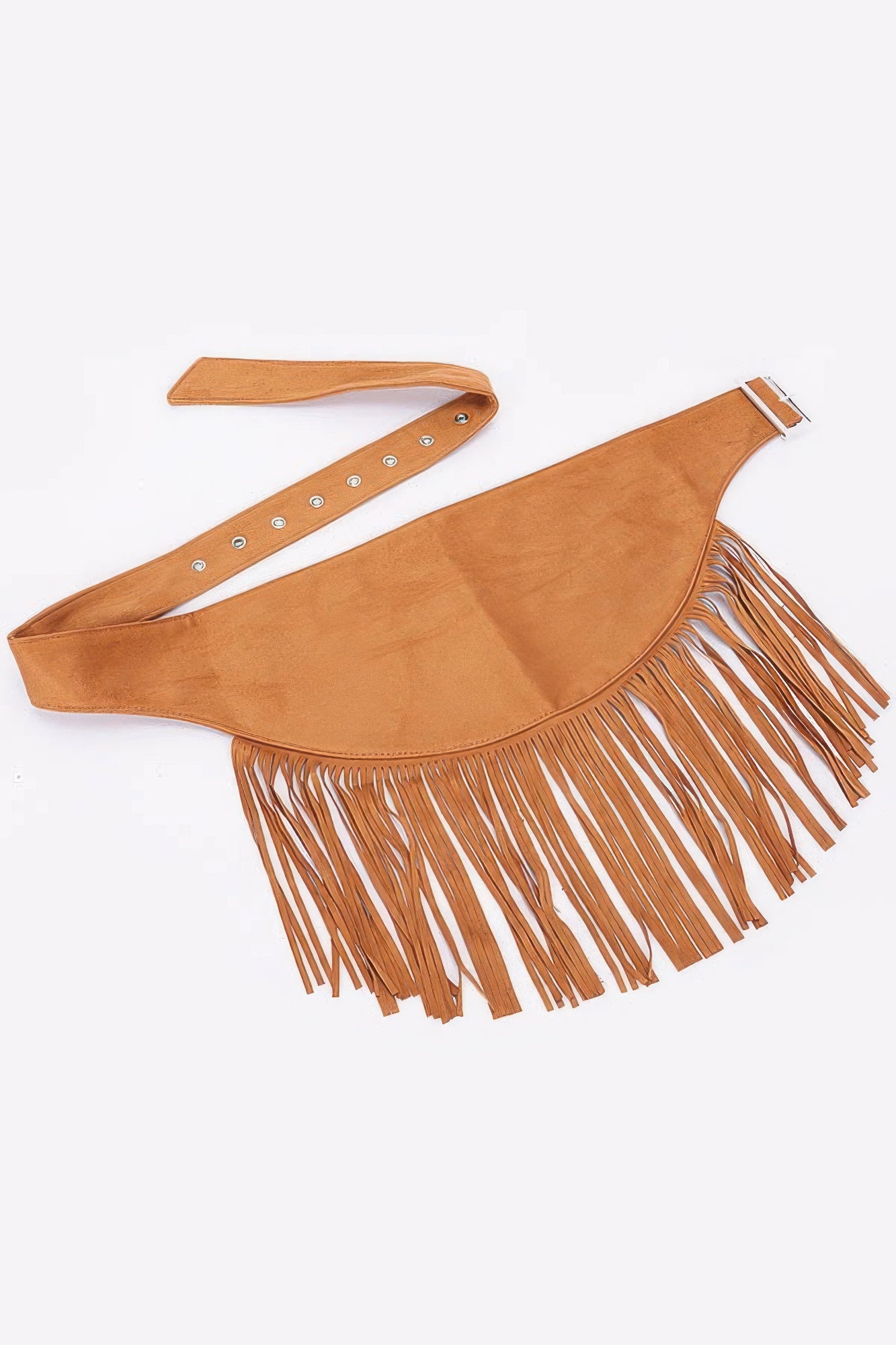 Camel faux suede fringe belt laid flat, with metal eyelets and long tassels