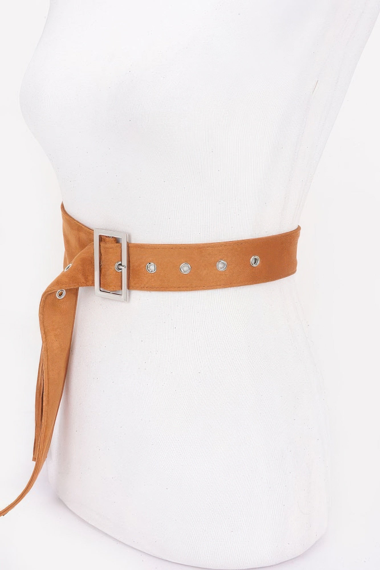 Camel faux suede fringe belt with square buckle and metal rivets