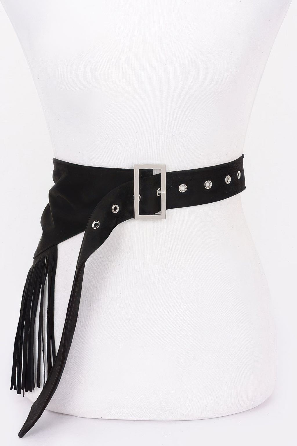 Black faux suede fringe belt with wide silver buckle and long tassels