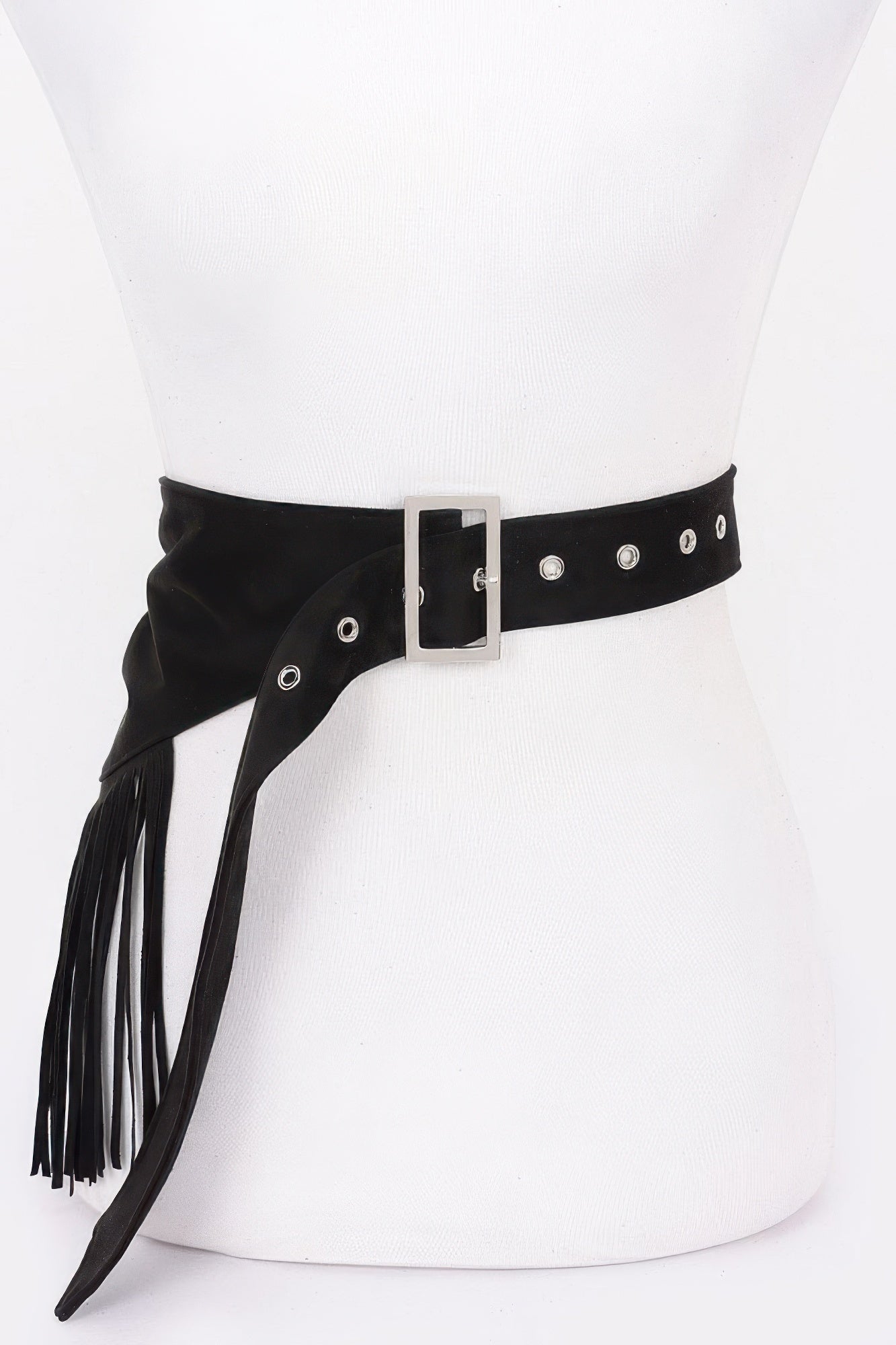 Black faux suede fringe belt with wide silver buckle and long tassels