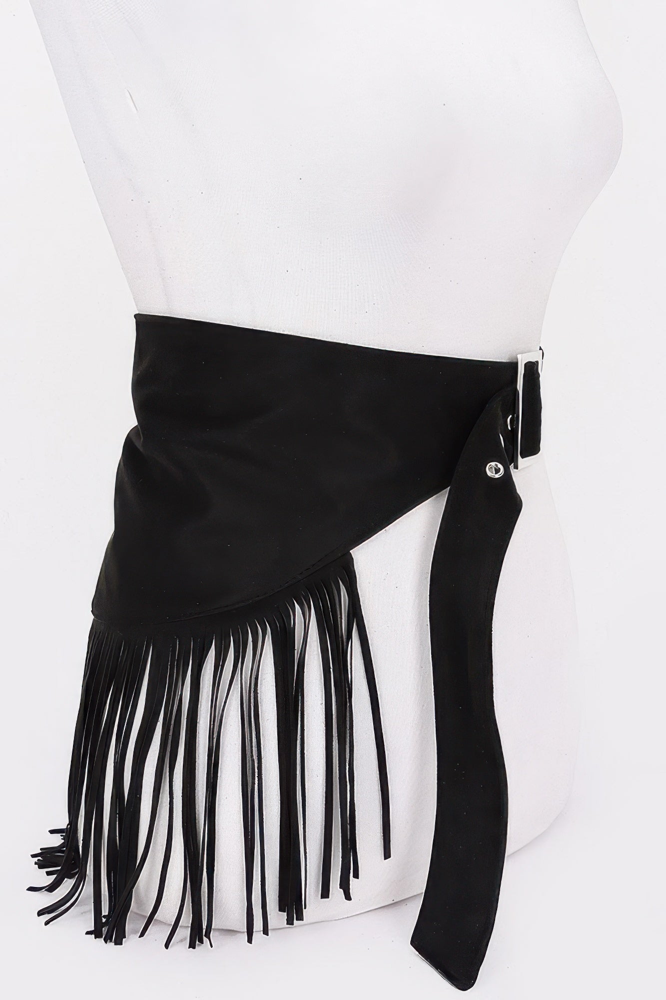 Black faux suede fringe belt with diagonal wrap and dense tassel fringe
