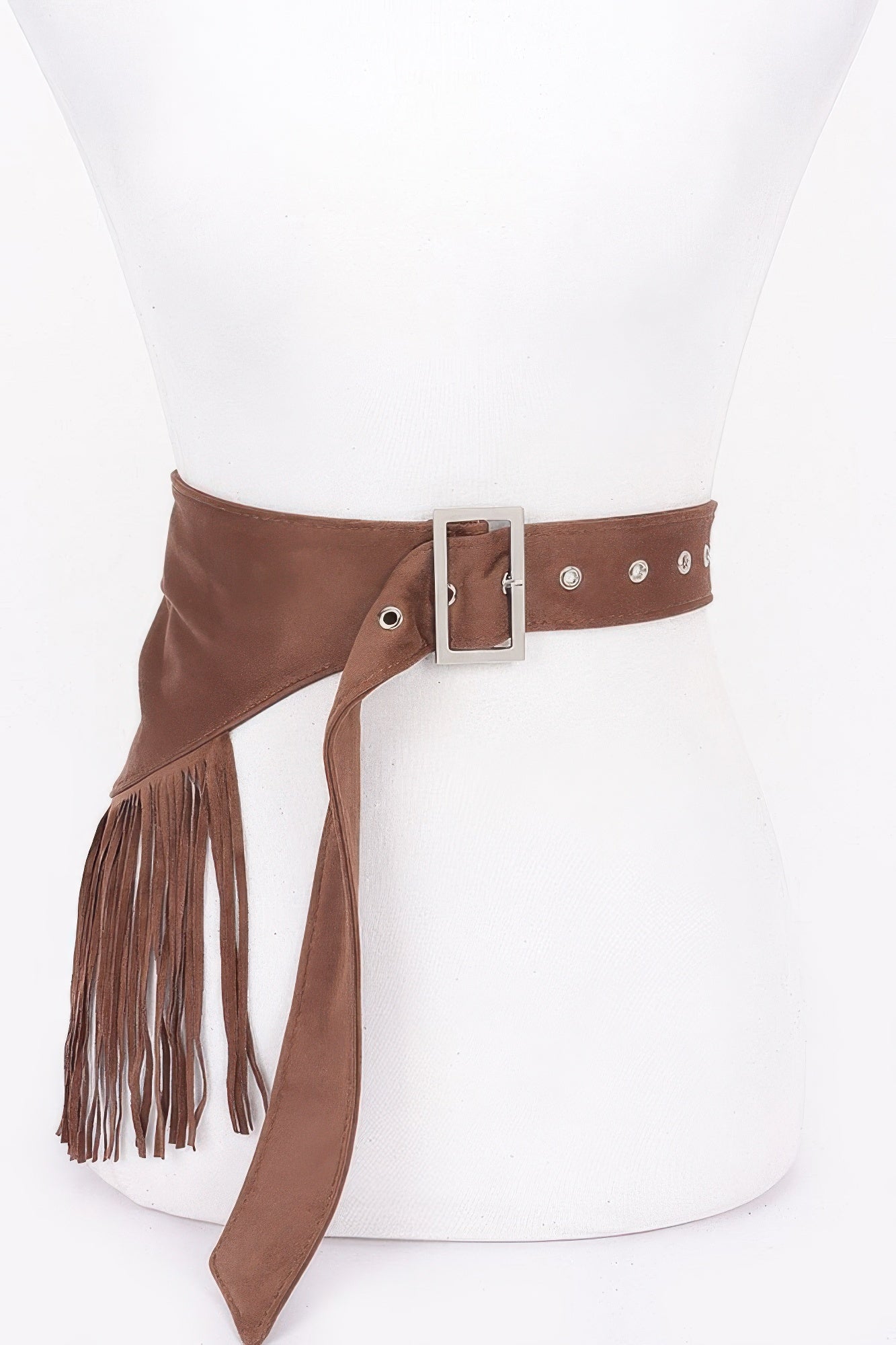 Brown faux suede fringe belt with square buckle and long tassel drop