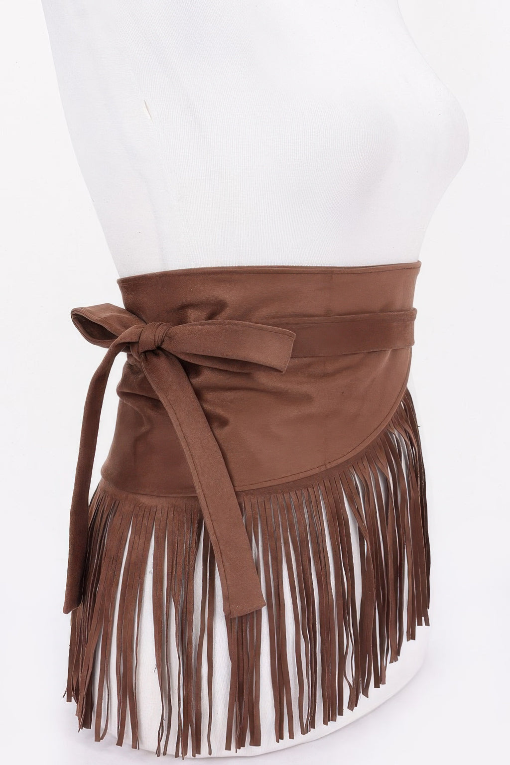 Faux Suede Fringe Belt en marrón Coffee con lazo lateral y flecos largos