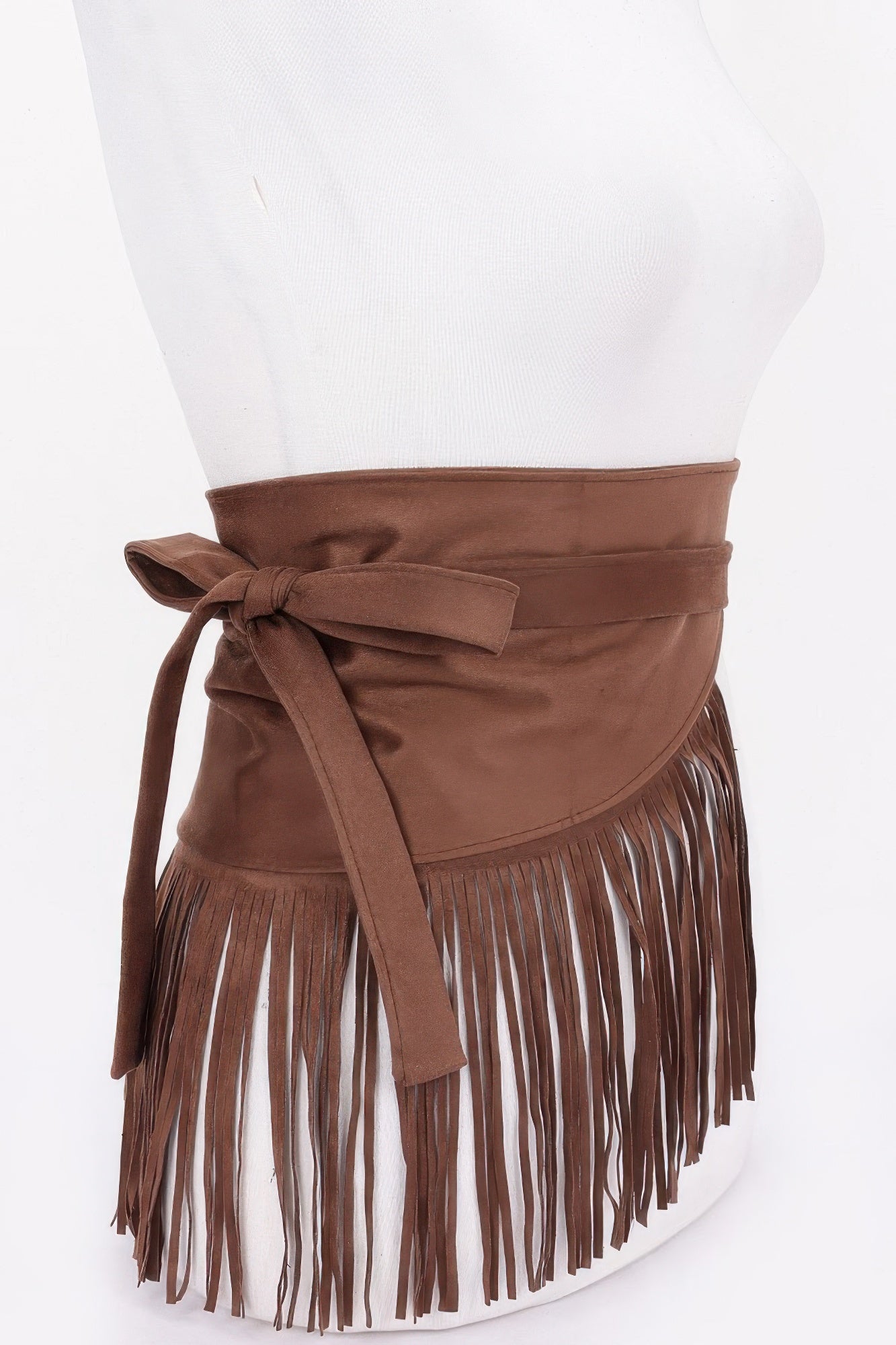 Faux Suede Fringe Belt en marrón Coffee con lazo lateral y flecos largos