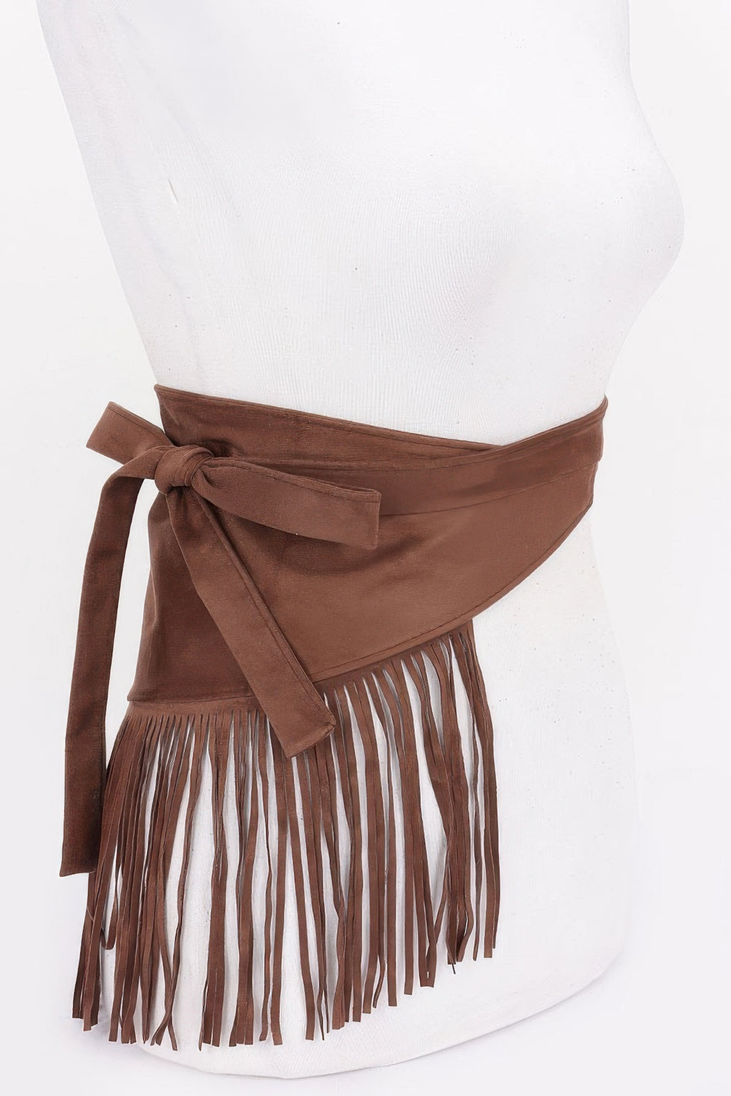 Faux Suede Fringe Belt Coffee con nudo frontal y flecos colgantes en el borde