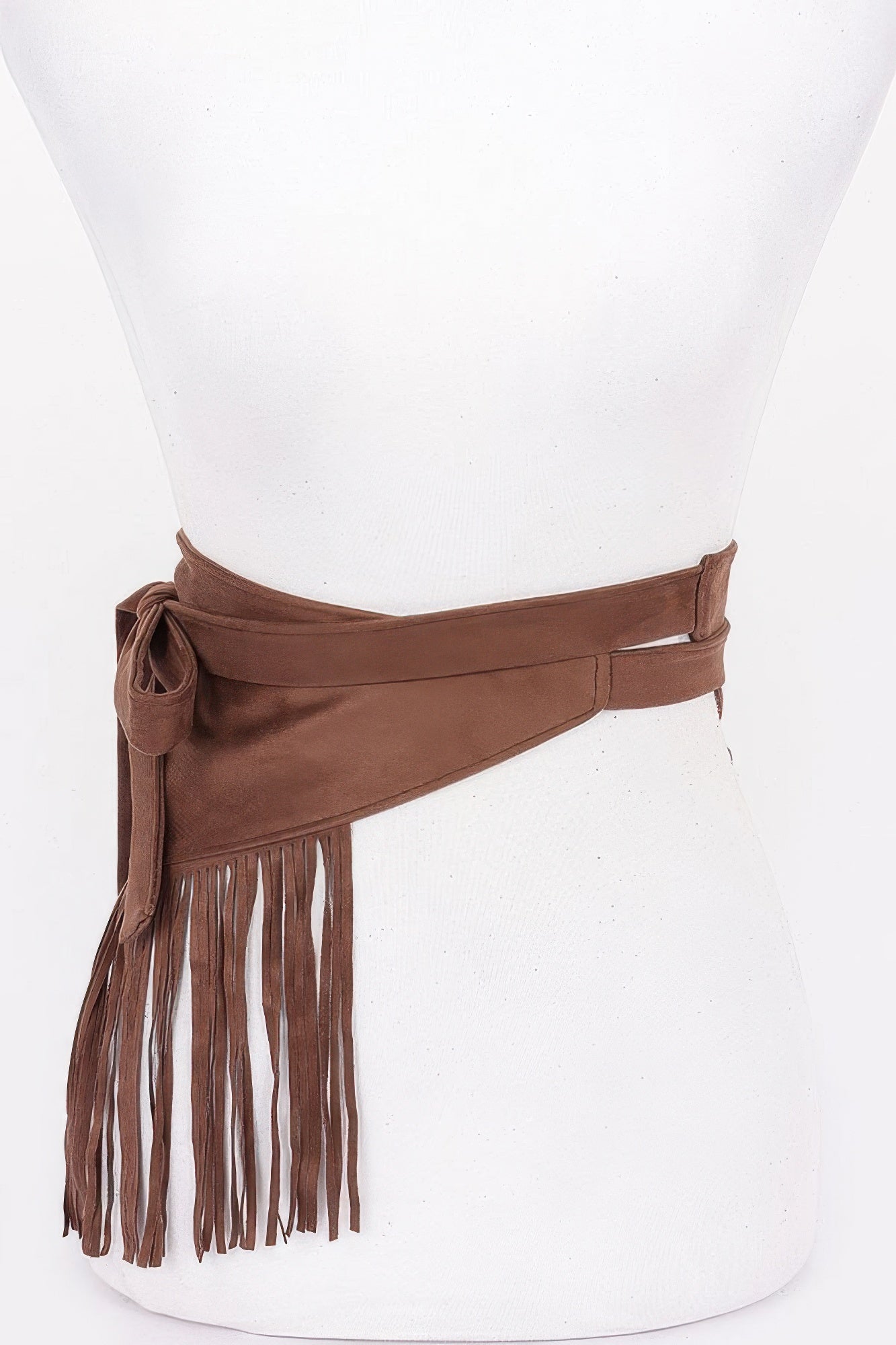 Faux Suede Fringe Belt Coffee con franja cruzada y flecos largos en un lado