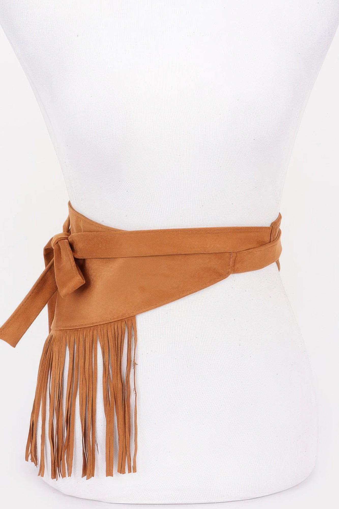 Faux Suede Fringe Belt Camel con lazo lateral y flecos largos en la parte inferior