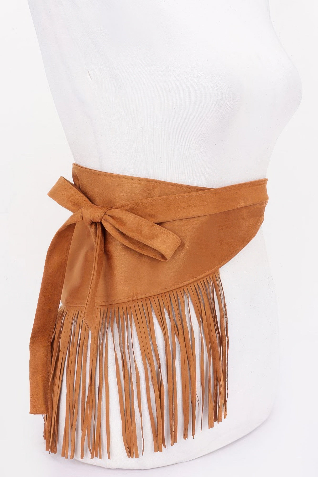 Faux Suede Fringe Belt Camel, cinturón anudado al frente con flecos colgantes