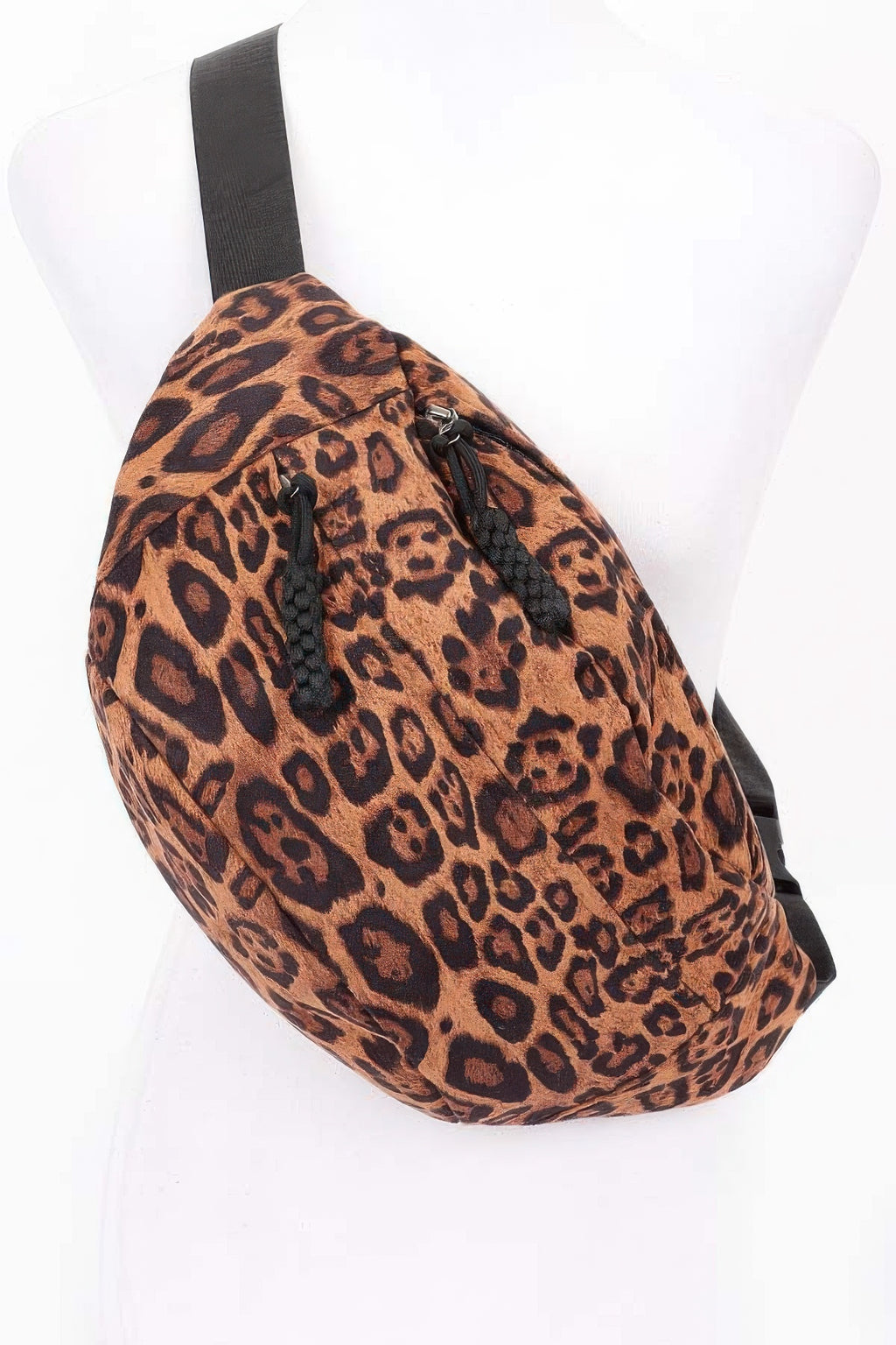 Leopard faux suede crossbody bag, black zipper and adjustable strap