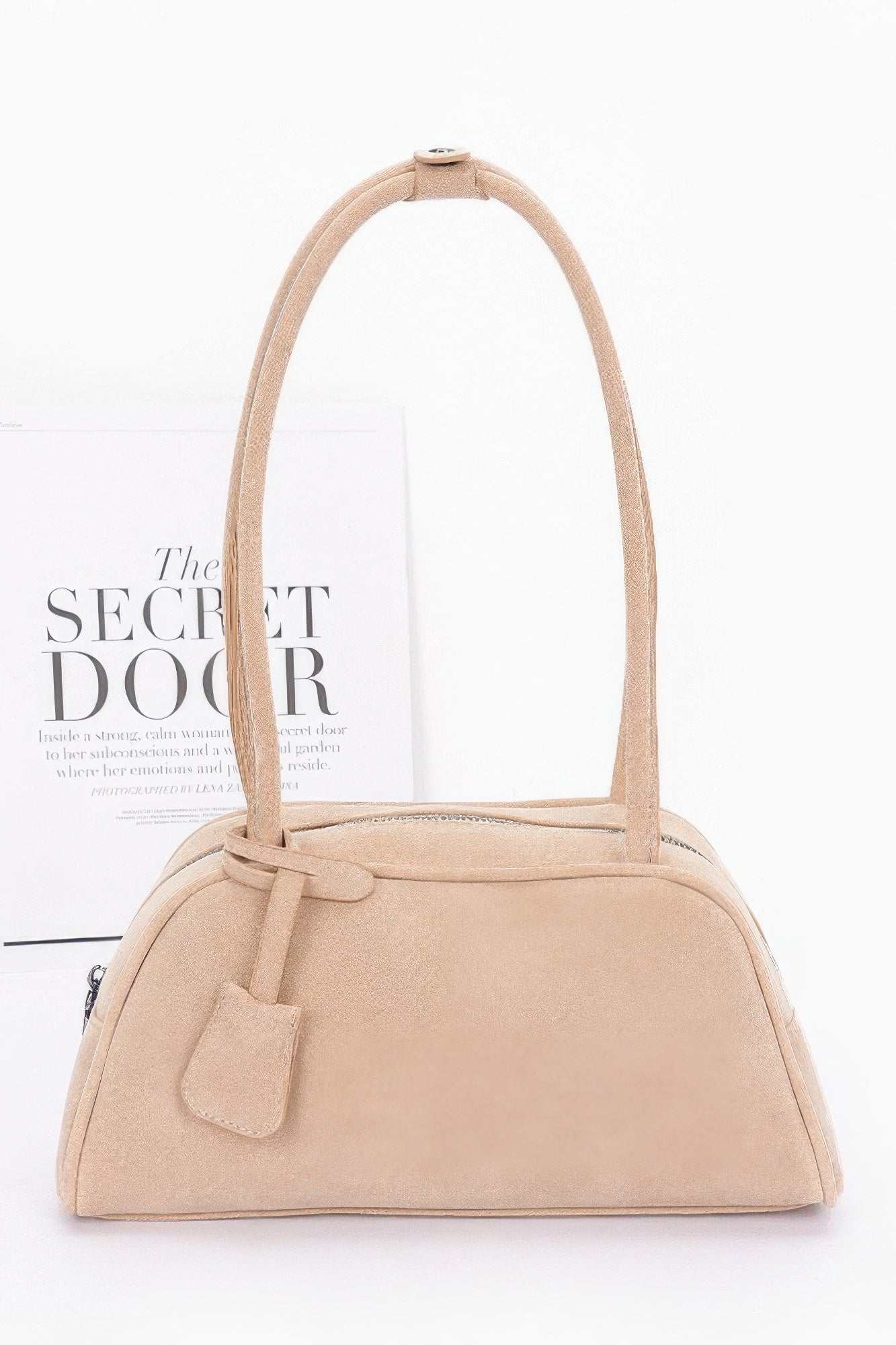 Faux suede sport bag in beige with top handles and front pocket