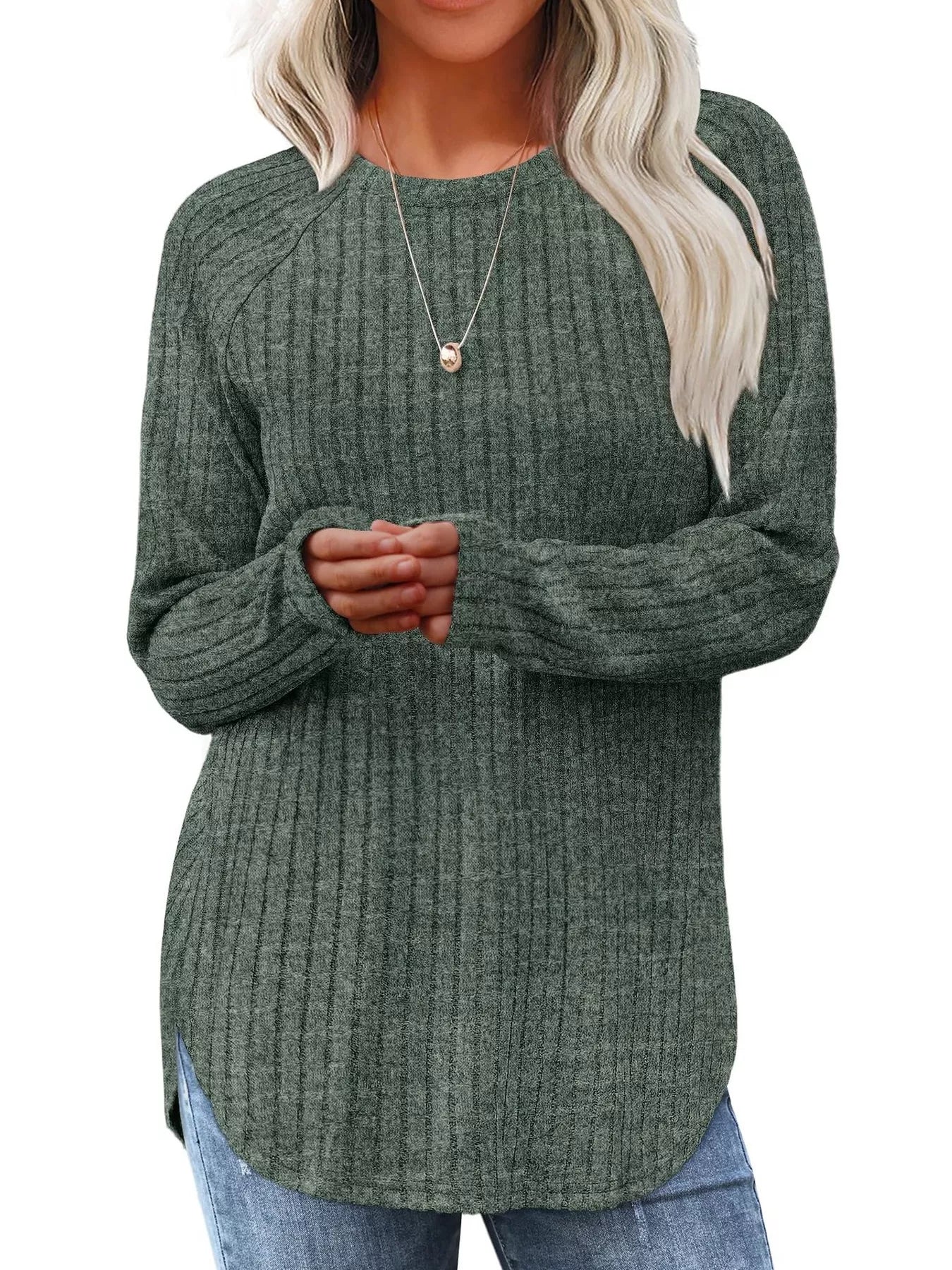 Ribbed Knit Long Sleeve T-Shirt - Tigbul's Variety Fashion Shop