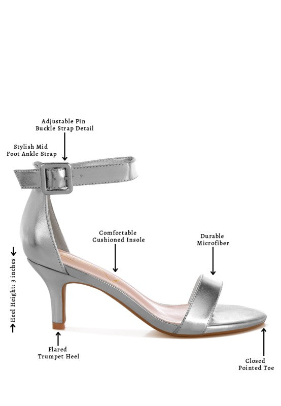 Silver Yuti glossy kitten heel sandals with adjustable pin-buckle ankle strap