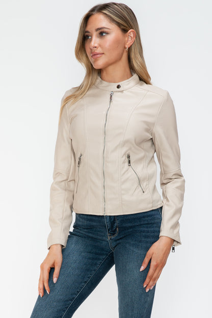 PU Leather Zip Up Jacket with Pockets in Sand Color