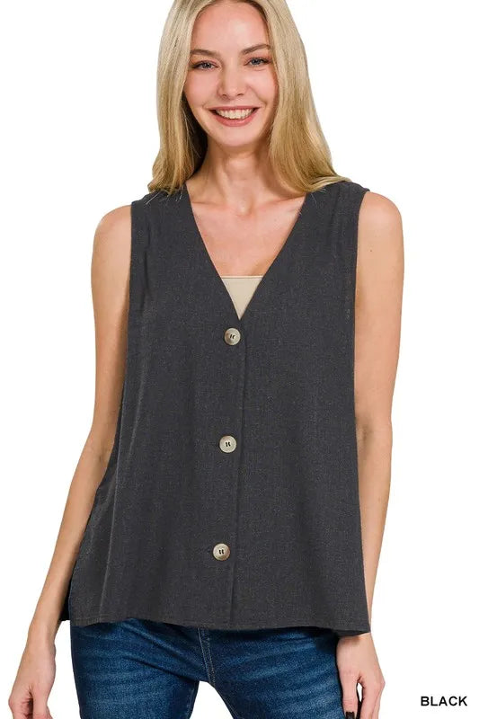 Zenana Side Slit Button-Front Vest - Tigbul's Variety Fashion Shop
