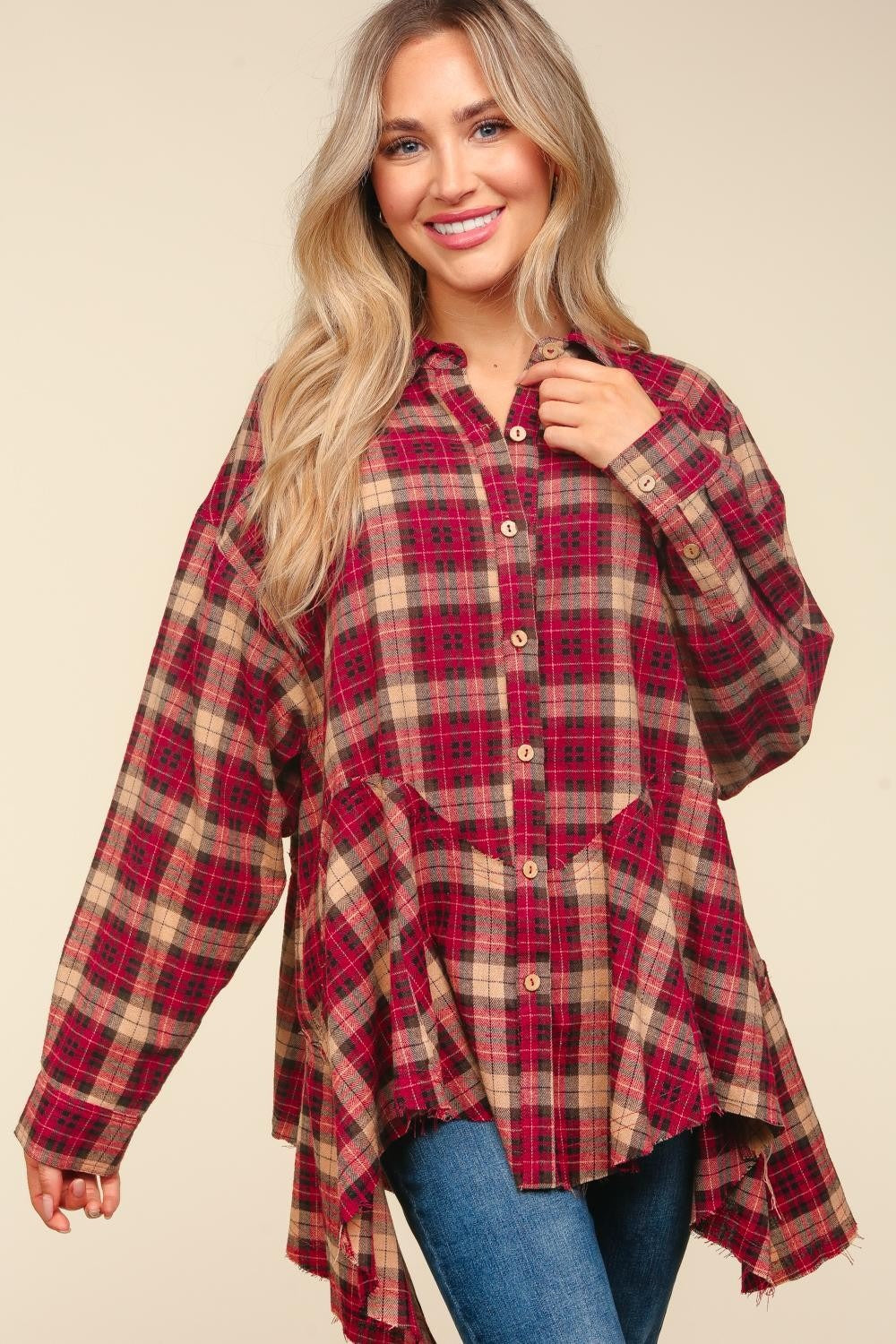 Haptics Plaid Button Down Sharkbite Shirt - Tigbul's Variety Fashion Shop