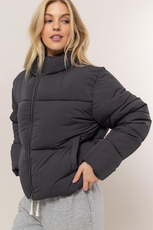 Quilted Back Drawstring Puffer Jacket - Tigbul's Variety Fashion Shop