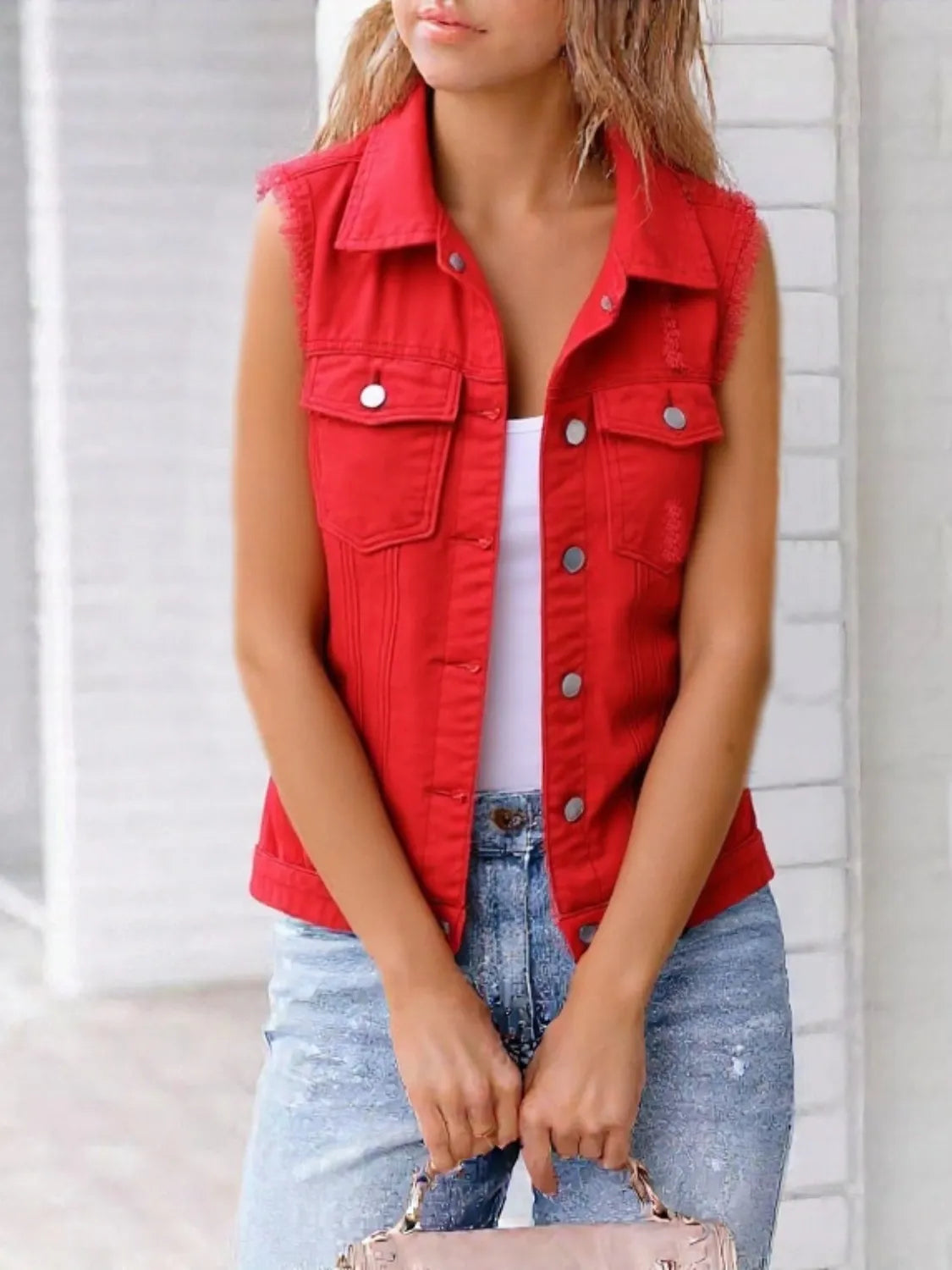 Full Size Sleeveless Frayed Denim Vest Jacket Plus Size - Tigbul's Variety Fashion Shop