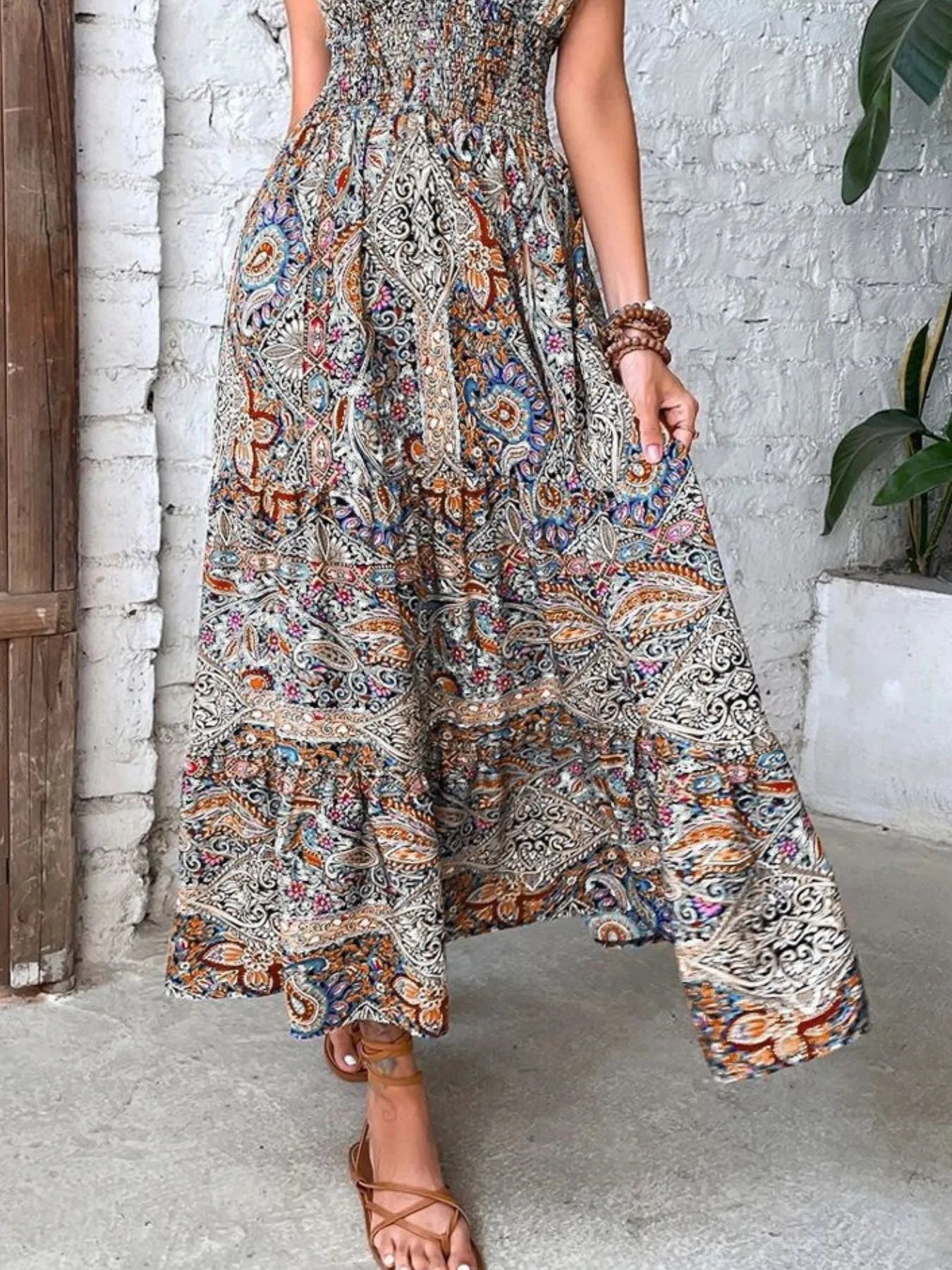 Plus Size Printed V-Neck Short Sleeve Midi Dress - Tigbul's Variety Fashion Shop