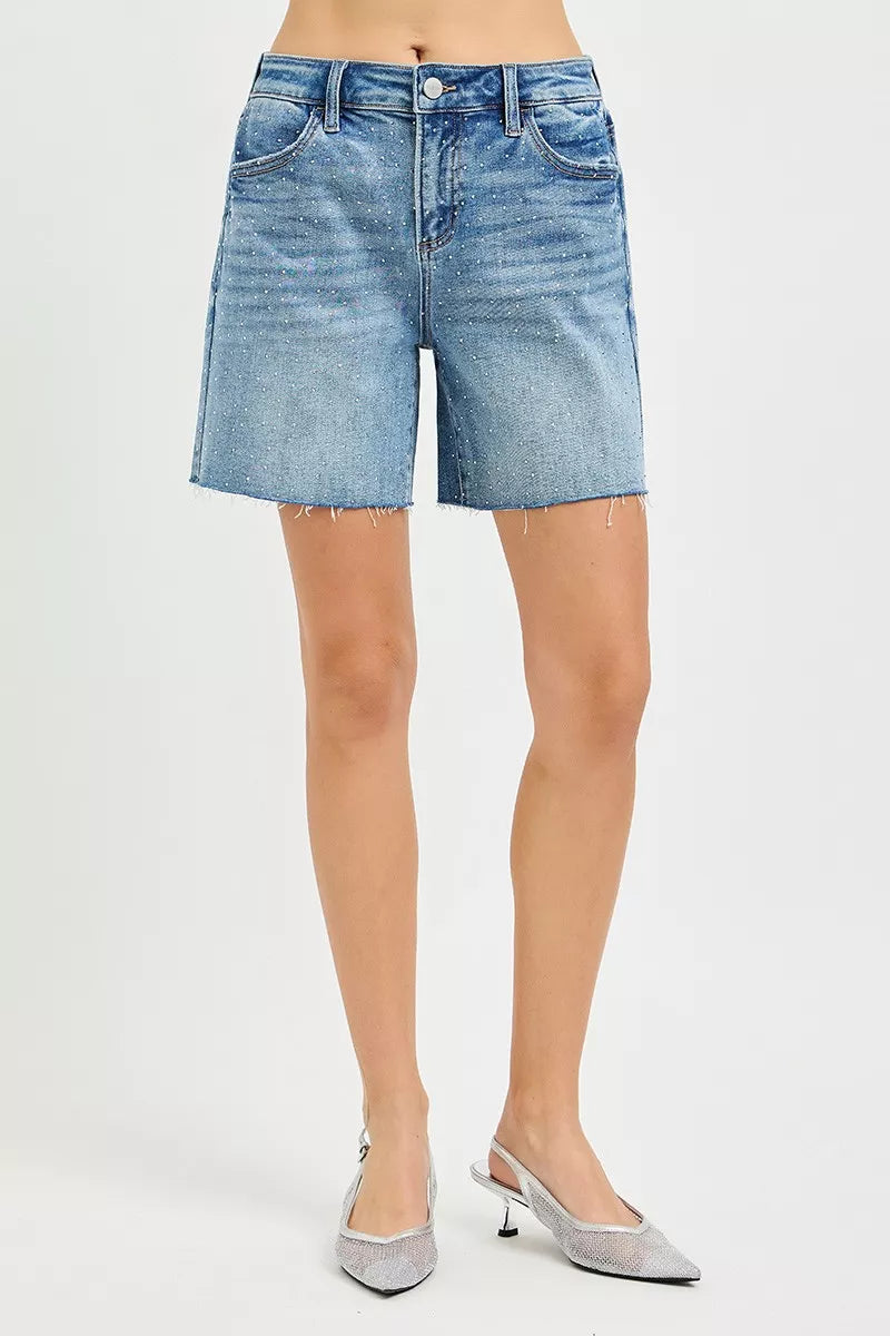 Medium blue denim shorts, front seaming and all-over rhinestones, mid-length fray