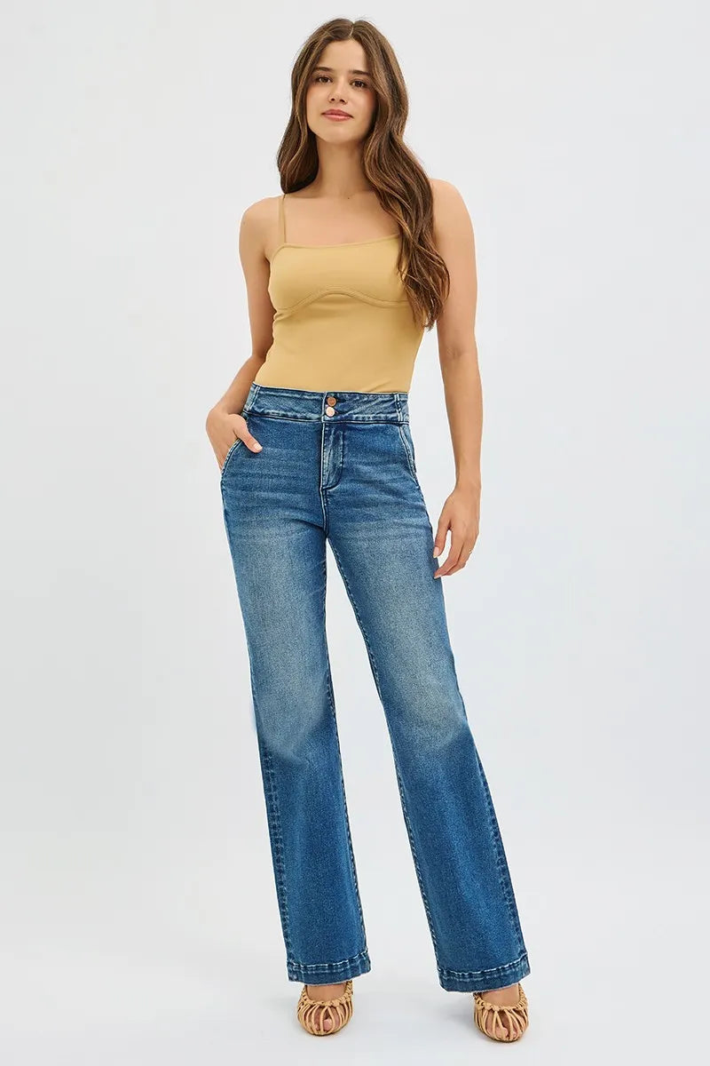 RISEN Full SIze Tummy Control High Rise Bootcut Jeans with Double Button Waistband Plus SIze - Tigbul's Variety Fashion Shop